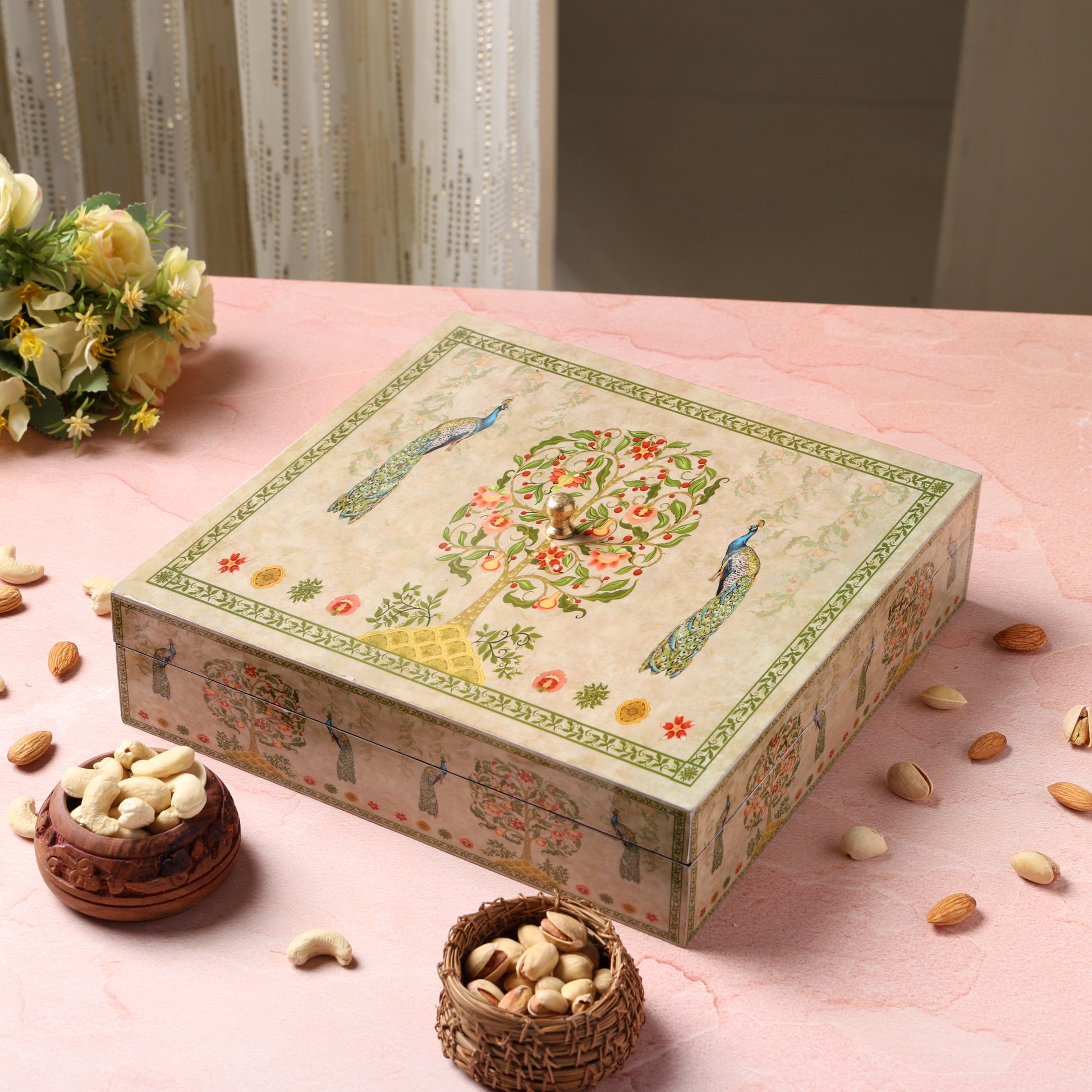 Riwaz Elite Enamel Peacock Dry Fruit Gift Box | Assorted Almonds, Cashews, Pistachios & Raisins | Premium Festive Hamper for Rakhi, Diwali, Wedding & Corporate Gifting