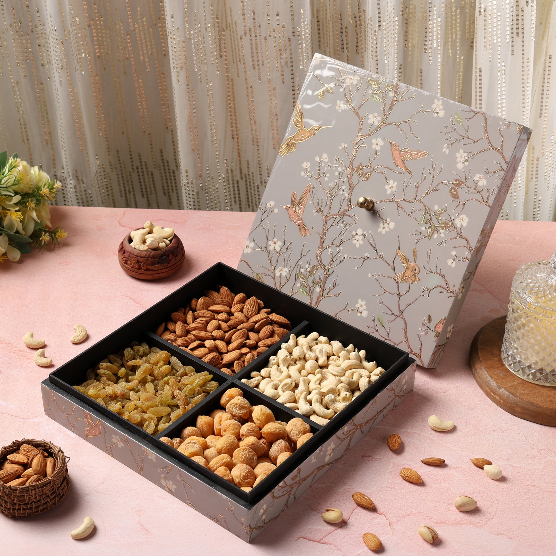 Riwaz Premium Dry Fruit Gift Box with Almonds, Cashews, Walnuts & Pistachios | Elegant Floral Bird Box for Diwali, Rakhi, Wedding & Corporate Gifting | Healthy Festive Hamper