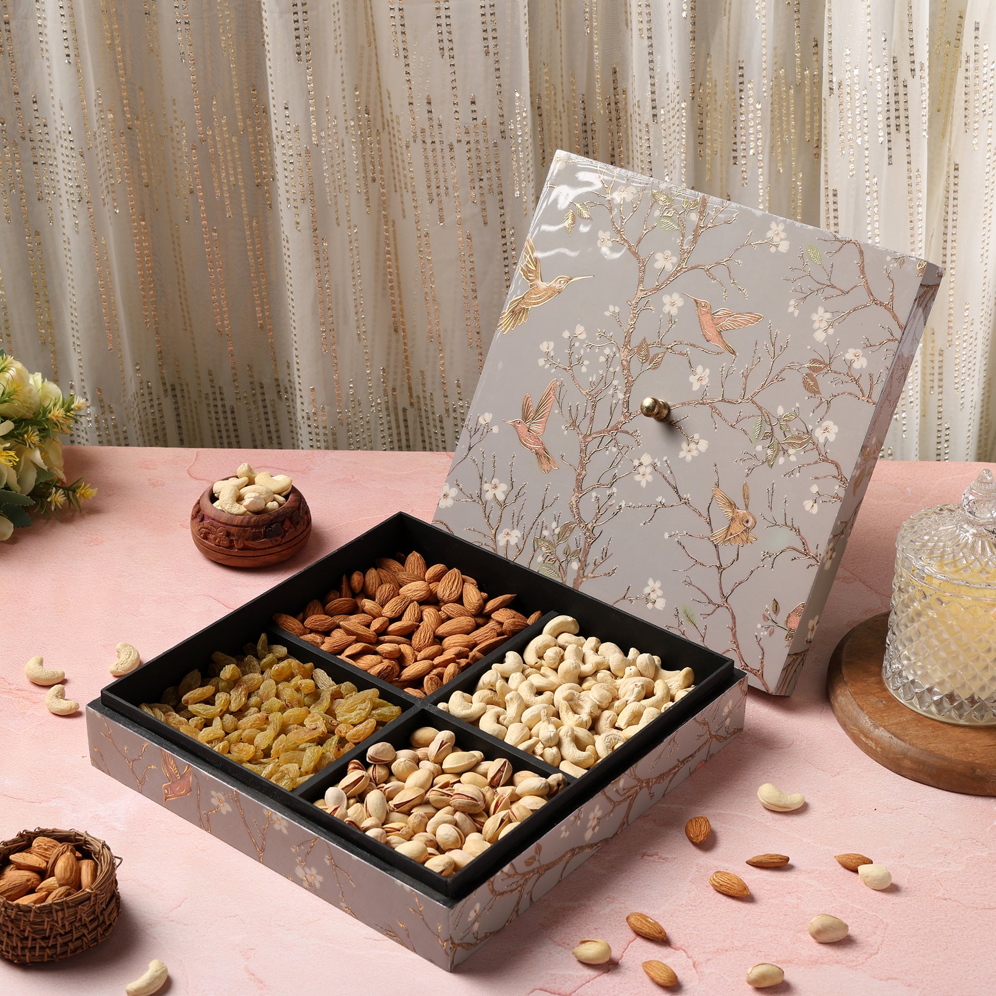 Riwaz Premium Dry Fruit Gift Box with Almonds, Cashews, Walnuts & Pistachios | Elegant Floral Bird Box for Diwali, Rakhi, Wedding & Corporate Gifting | Healthy Festive Hamper