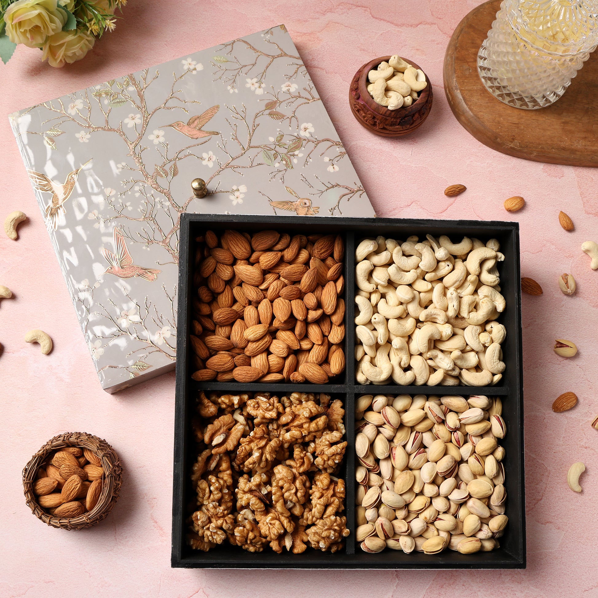 Riwaz Premium Dry Fruit Gift Box with Almonds, Cashews, Walnuts & Pistachios | Elegant Floral Bird Box for Diwali, Rakhi, Wedding & Corporate Gifting | Healthy Festive Hamper