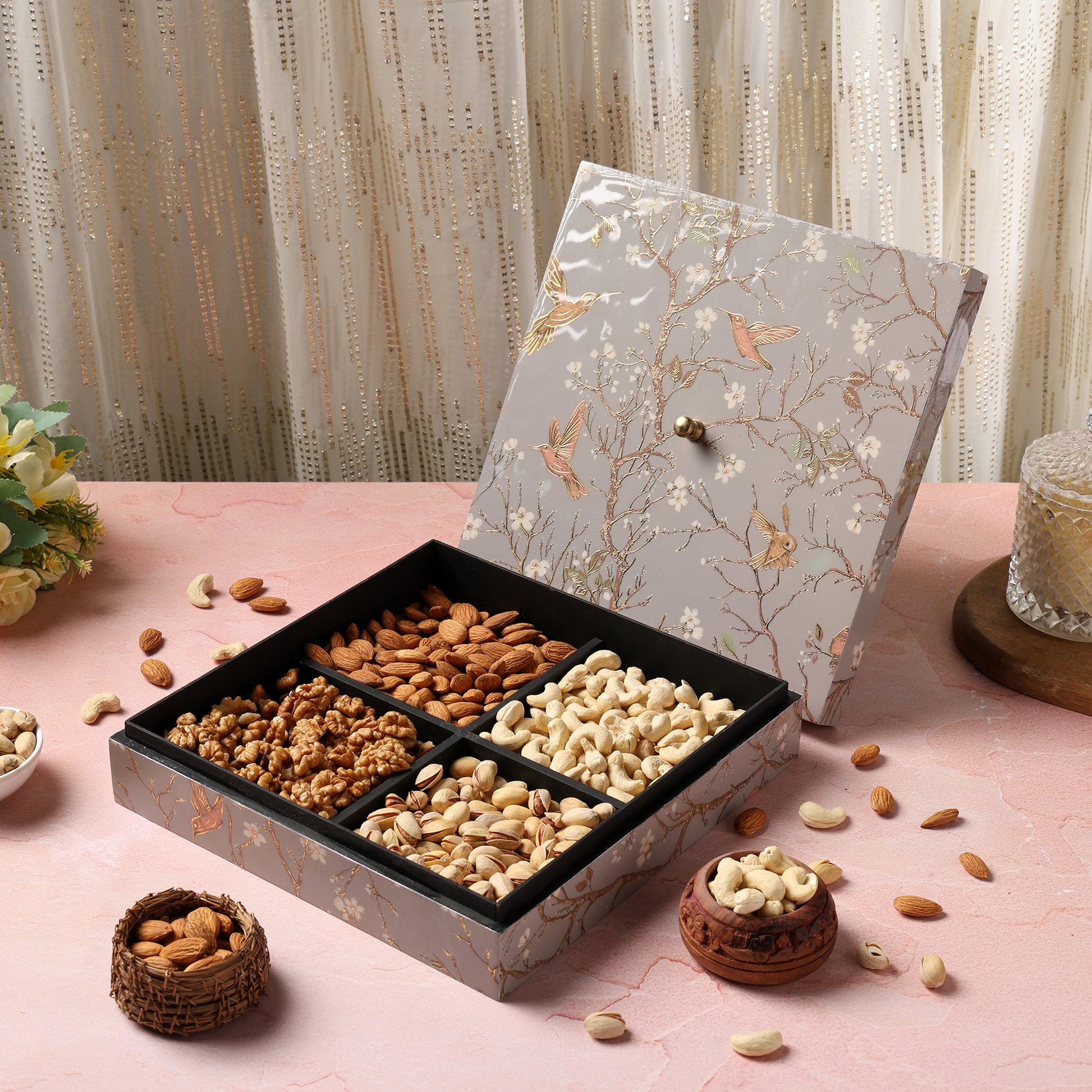 Riwaz Premium Dry Fruit Gift Box with Almonds, Cashews, Walnuts & Pistachios | Elegant Floral Bird Box for Diwali, Rakhi, Wedding & Corporate Gifting | Healthy Festive Hamper