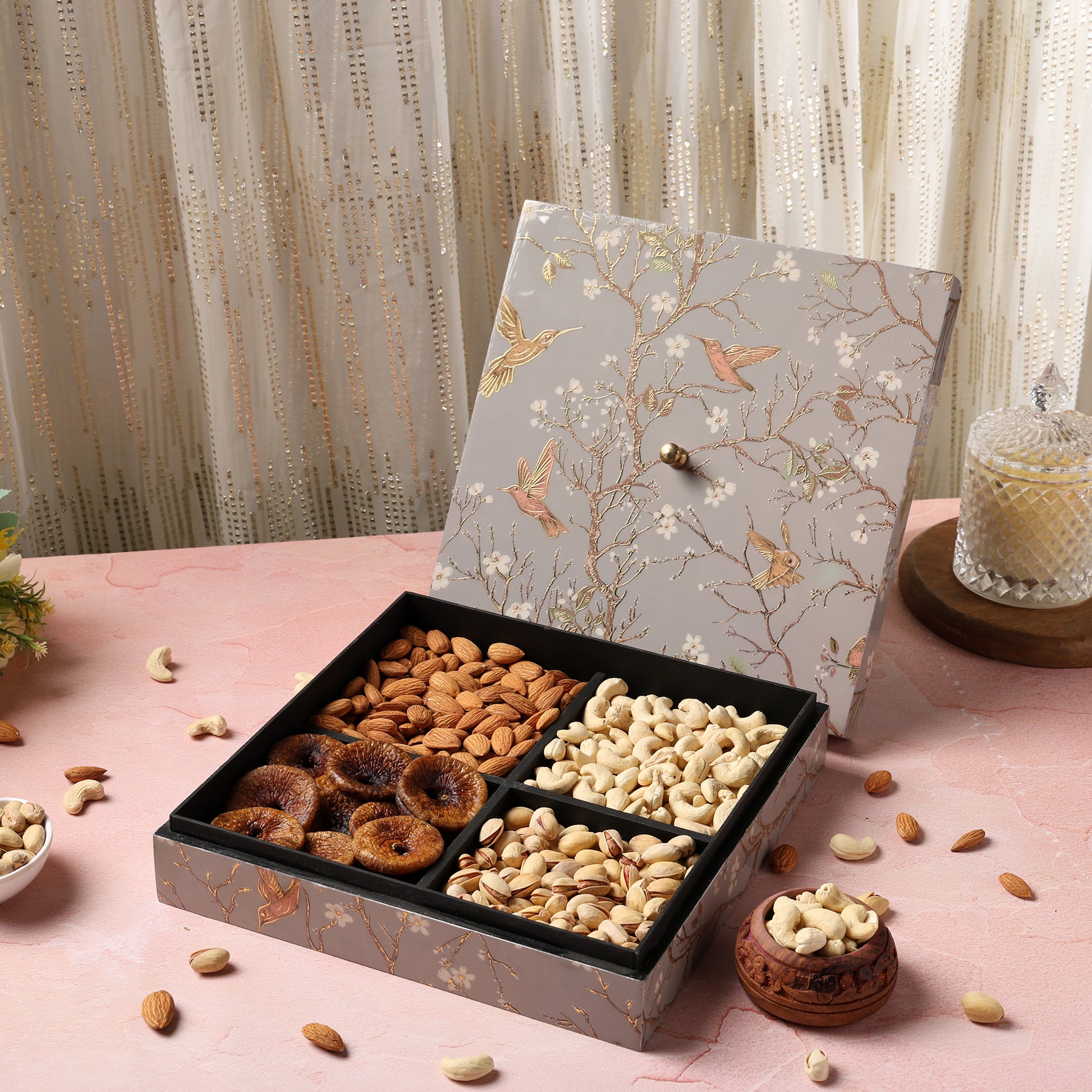 Riwaz Premium Dry Fruit Gift Box with Almonds, Cashews, Figs & Pistachios | Elegant Bird Design Box | Healthy & Festive Gift Hamper for Diwali, Rakhi, Weddings & Corporate Gifting