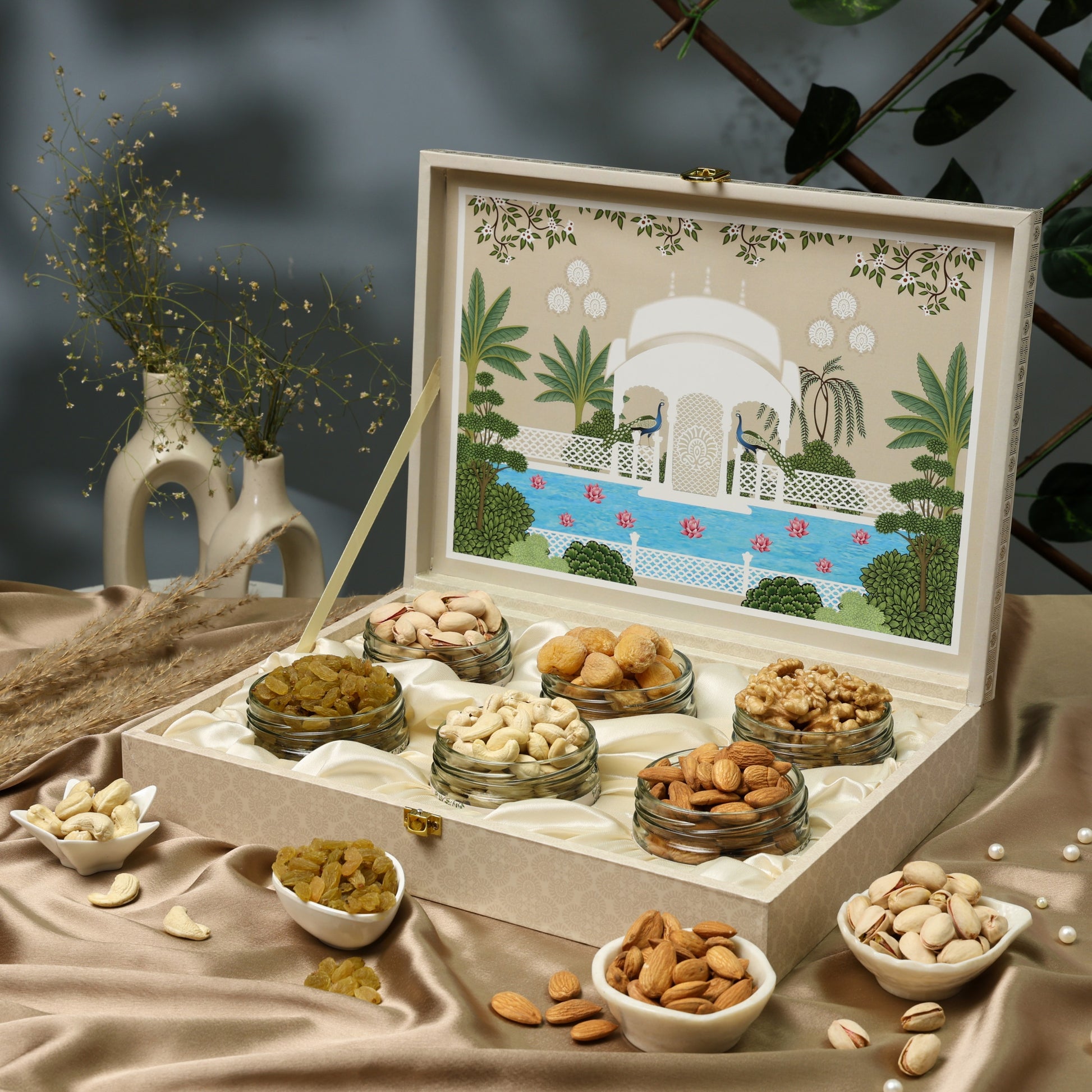 Riwaz Premium Heritage Dry Fruit Gift Box with 6 Premium Jars – Almonds, Cashews, Pistachios, Apricots, Raisins & Walnuts | Royal Mughal Garden Theme | Luxury Festive Hamper for Diwali, Rakhi, Wedding & Corporate Gifting