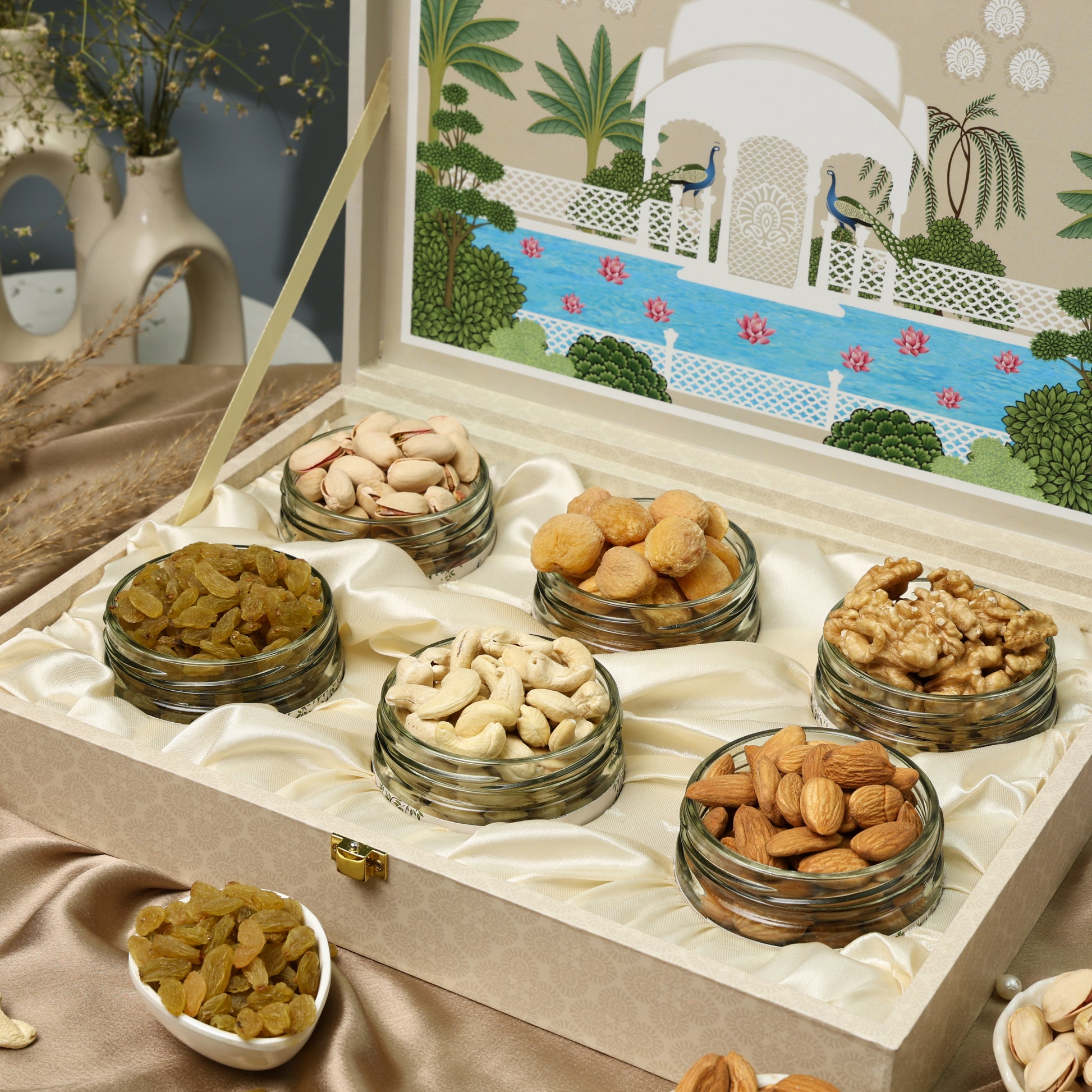 Riwaz Premium Heritage Dry Fruit Gift Box with 6 Premium Jars – Almonds, Cashews, Pistachios, Apricots, Raisins & Walnuts | Royal Mughal Garden Theme | Luxury Festive Hamper for Diwali, Rakhi, Wedding & Corporate Gifting