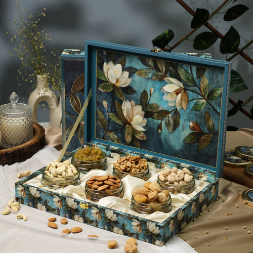 Riwaz Blue Floral Dry Fruit Gift Box | Premium Assorted Nuts in Elegant Designer Box – Ideal for Festive Gifting & Celebrations