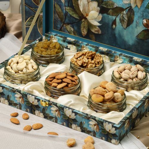 Riwaz Blue Floral Dry Fruit Gift Box | Premium Assorted Nuts in Elegant Designer Box – Ideal for Festive Gifting & Celebrations