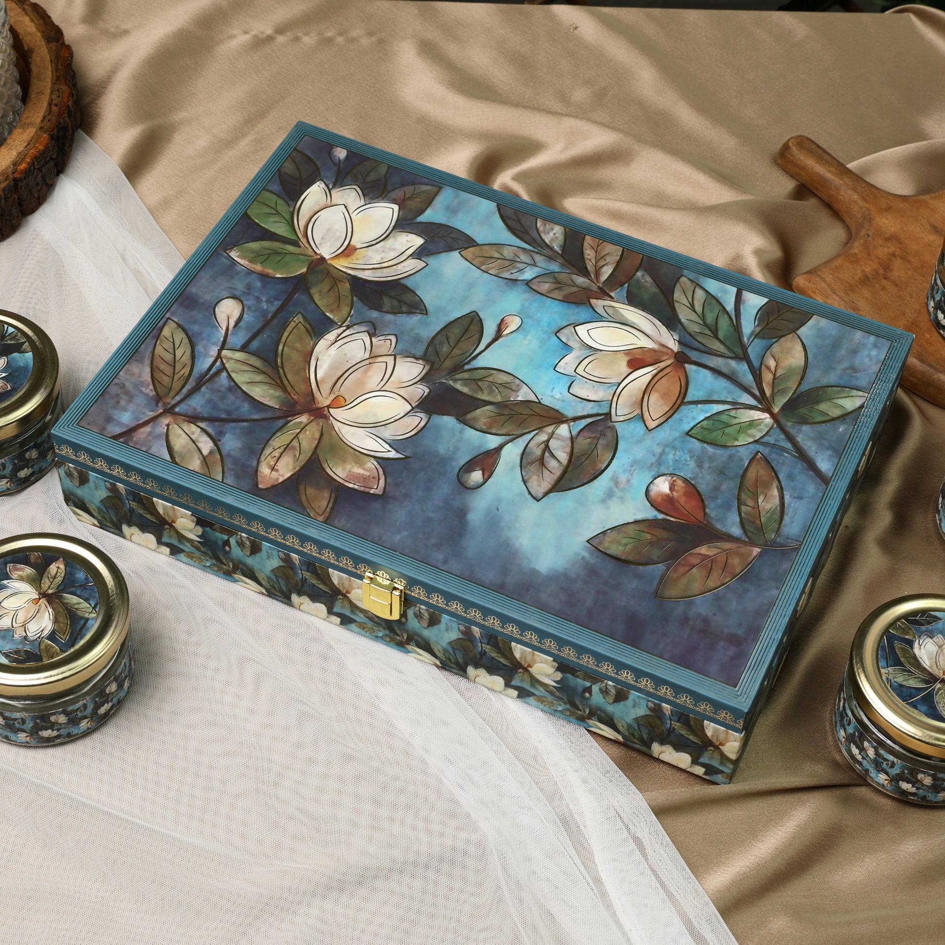 Riwaz Blue Floral Dry Fruit Gift Box | Premium Assorted Nuts in Elegant Designer Box – Ideal for Festive Gifting & Celebrations
