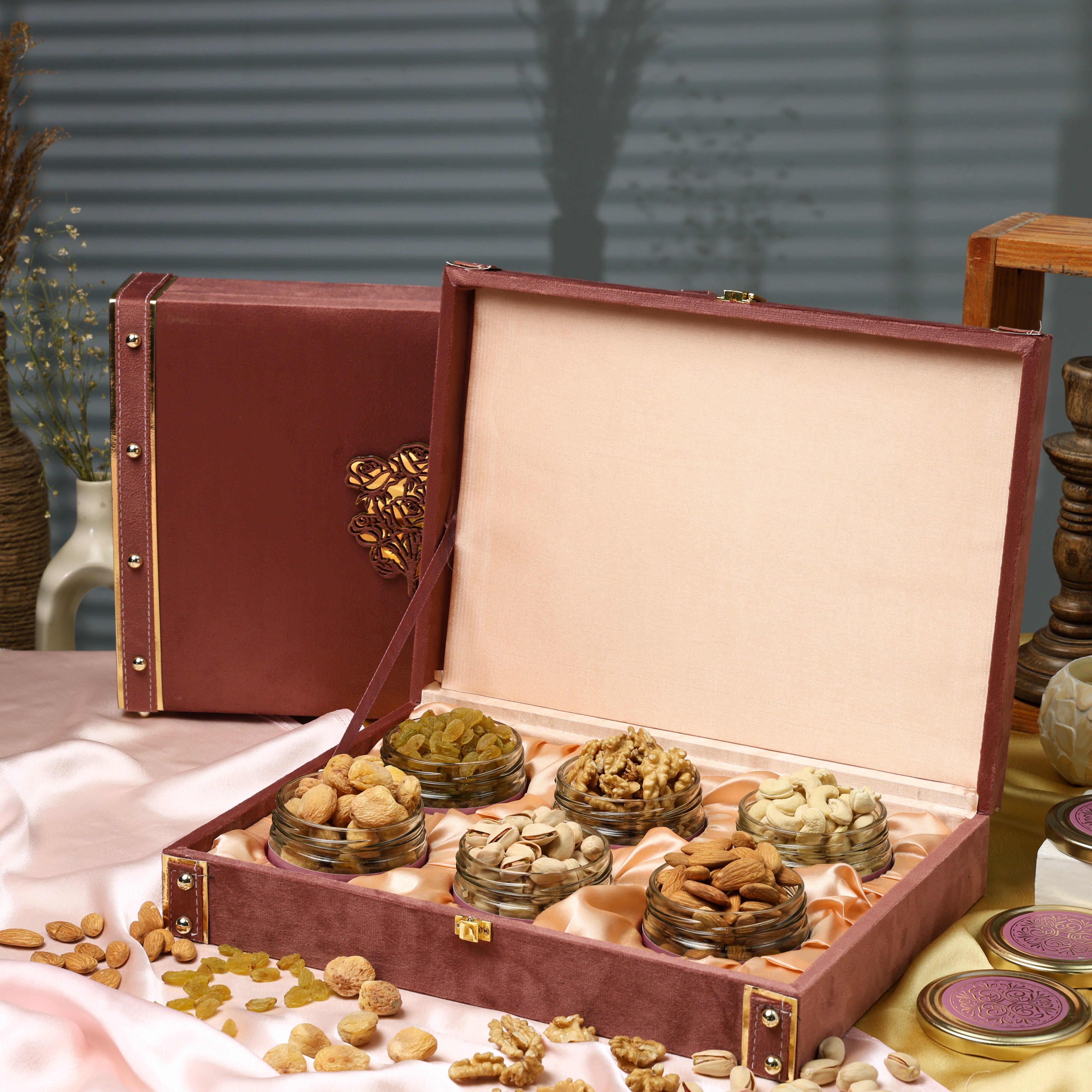 Riwaz Pink Suede Dry Fruit box  | Premium 6-Jar Set | Almonds, Cashews, Pistachios , Walnuts , Figs & Raisins| Luxury Elegant & Reusable Gift Hamper