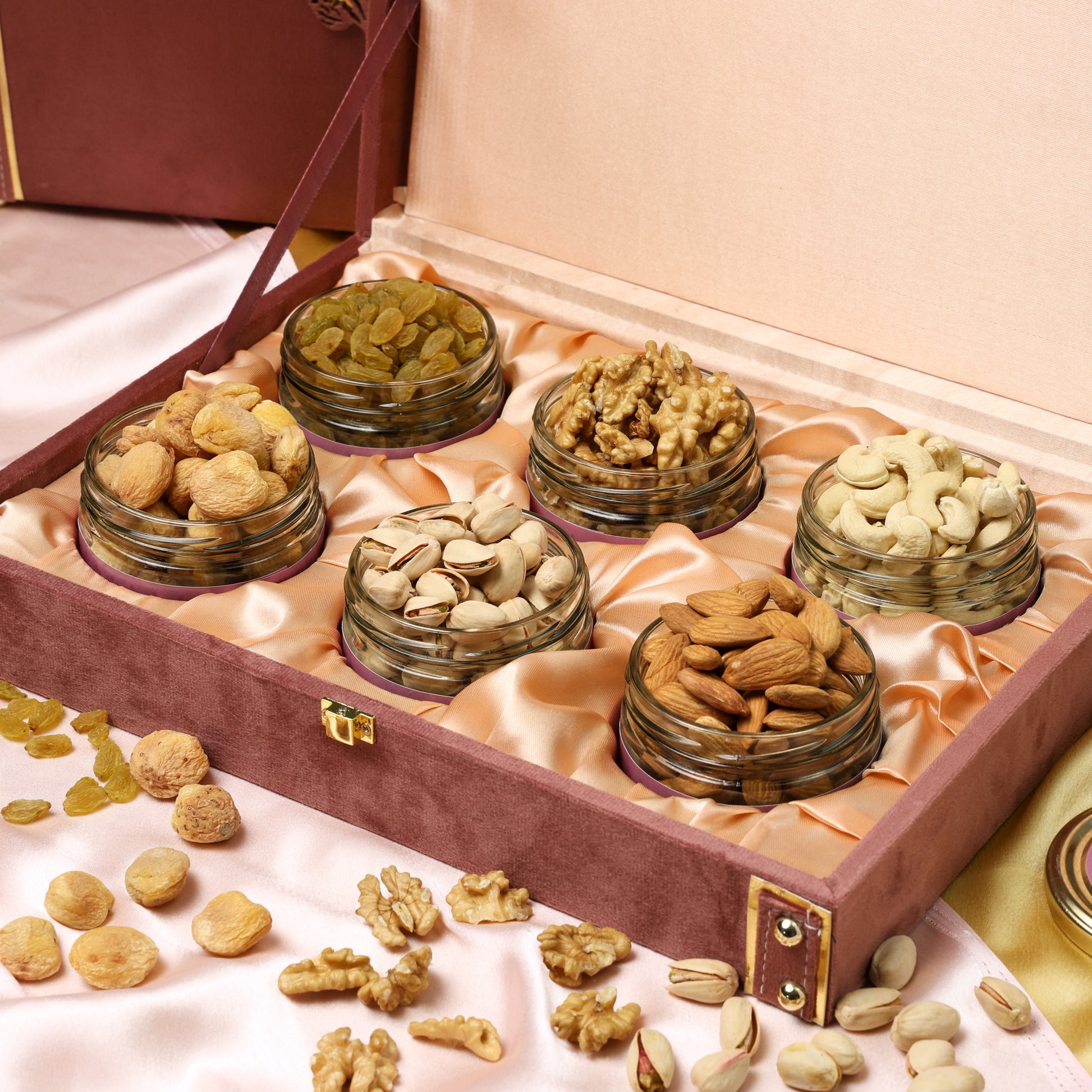 Riwaz Pink Suede Dry Fruit Hamper – Elegant Velvet Box for Rakhi, Diwali, Wedding, Festive & Corporate Gifting
