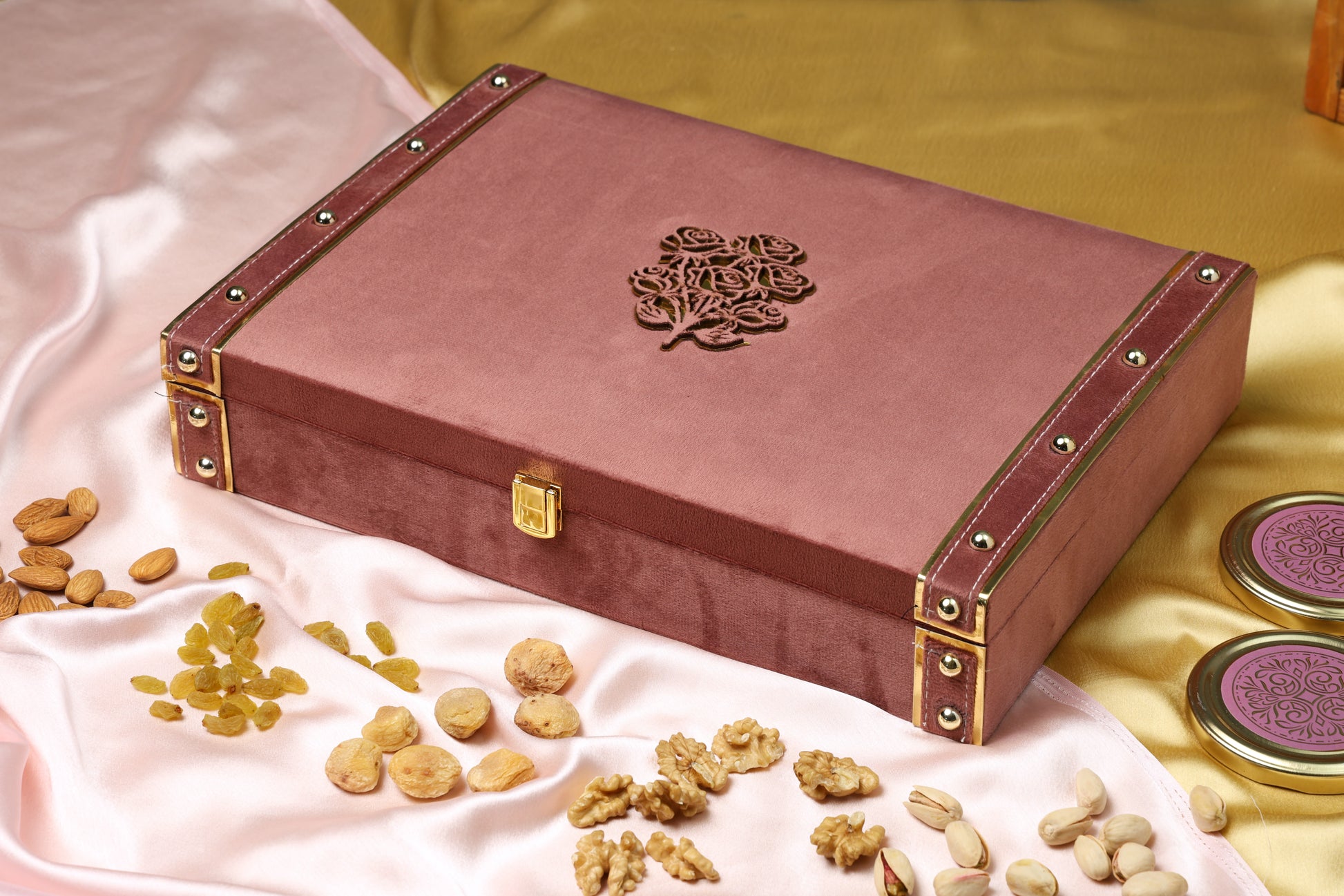 Riwaz Pink Suede Dry Fruit Hamper – Elegant Velvet Box for Rakhi, Diwali, Wedding, Festive & Corporate Gifting