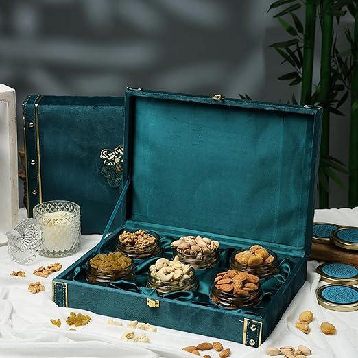 Riwaz Heritage Luxury Blue Velvet Dry Fruit Gift Box  | Premium 6-Jar Set | Almonds, Cashews, Pistachios , Walnuts , Figs & Raisins| Luxury Elegant & Reusable Gift Hamper | High Protein & Immunity Booster Assortment |
