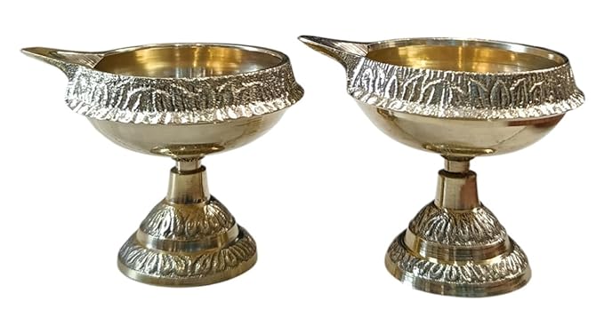 Brass Diya for Puja & Home Decor | Traditional Diya Stand Oil Lamp | Elegant Decorative Diya for Temple, Pooja & Diwali Gifting (Set of 2)