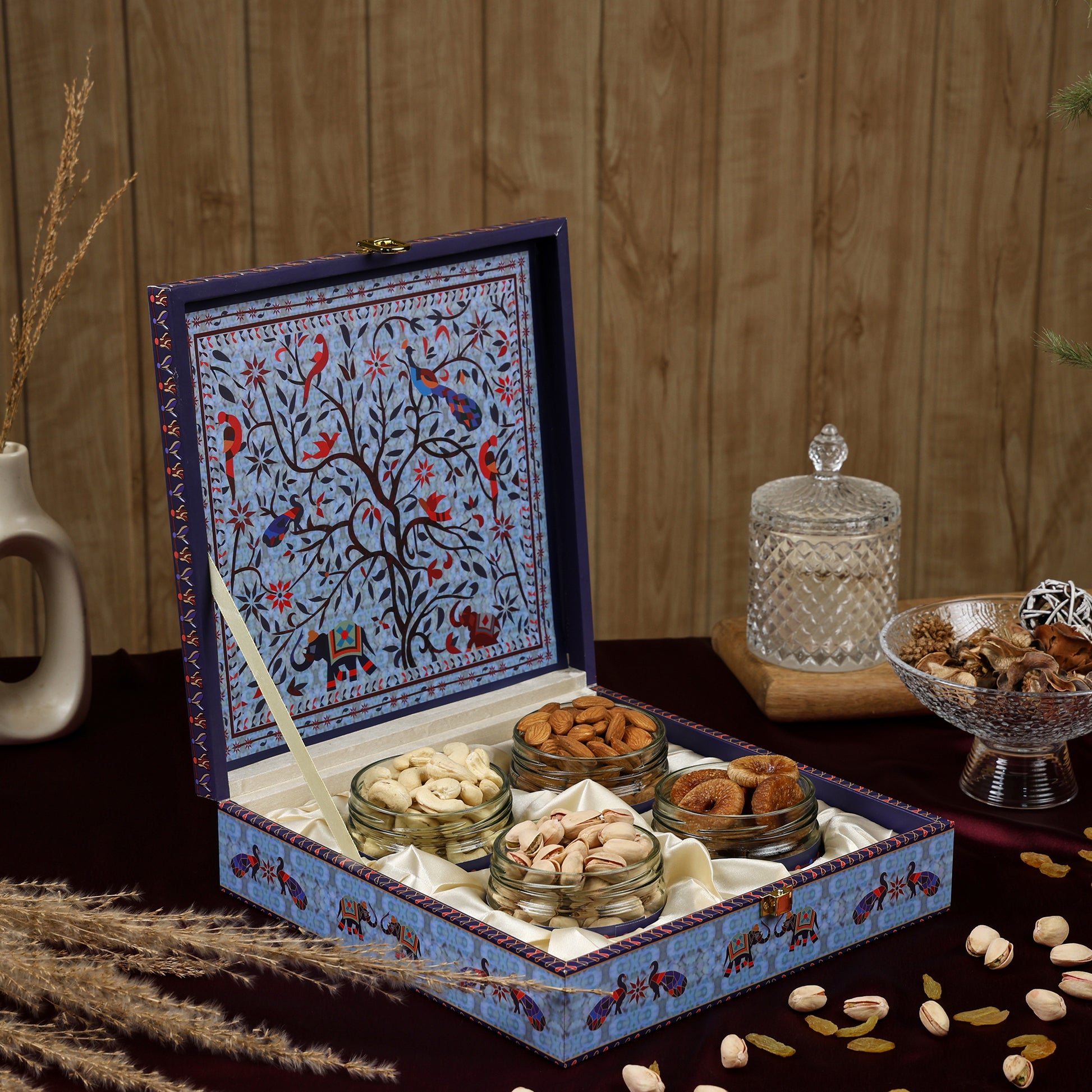 Riwaz Premium Blue Peacock Gift Box – Exquisite 4-Jar Collection with Almonds, Cashews, Pistachios & Raisins | Ideal for Weddings, Festivals & Corporate Gifting