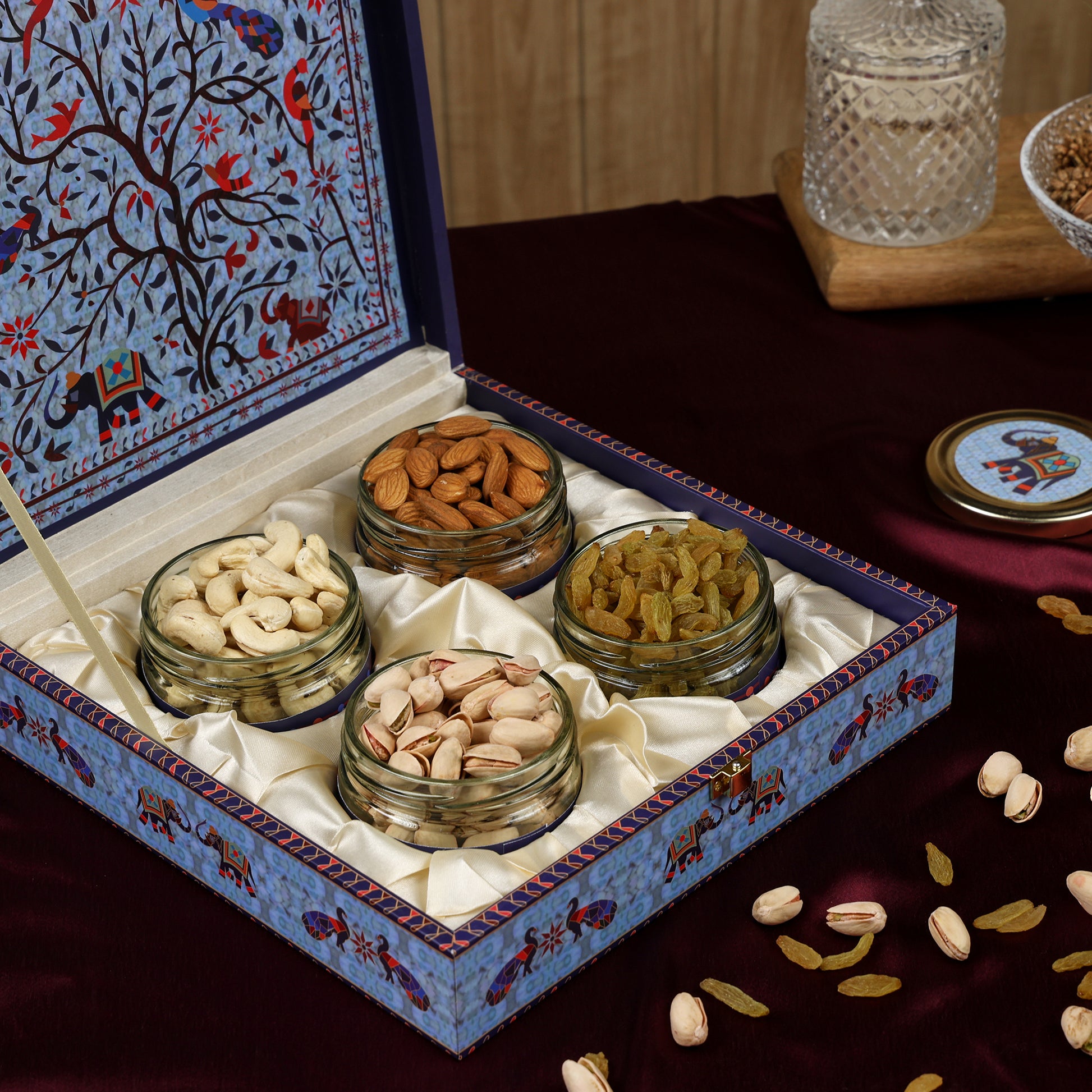 Riwaz Premium Blue Peacock Gift Box – Exquisite 4-Jar Collection with Almonds, Cashews, Pistachios & Raisins | Ideal for Weddings, Festivals & Corporate Gifting