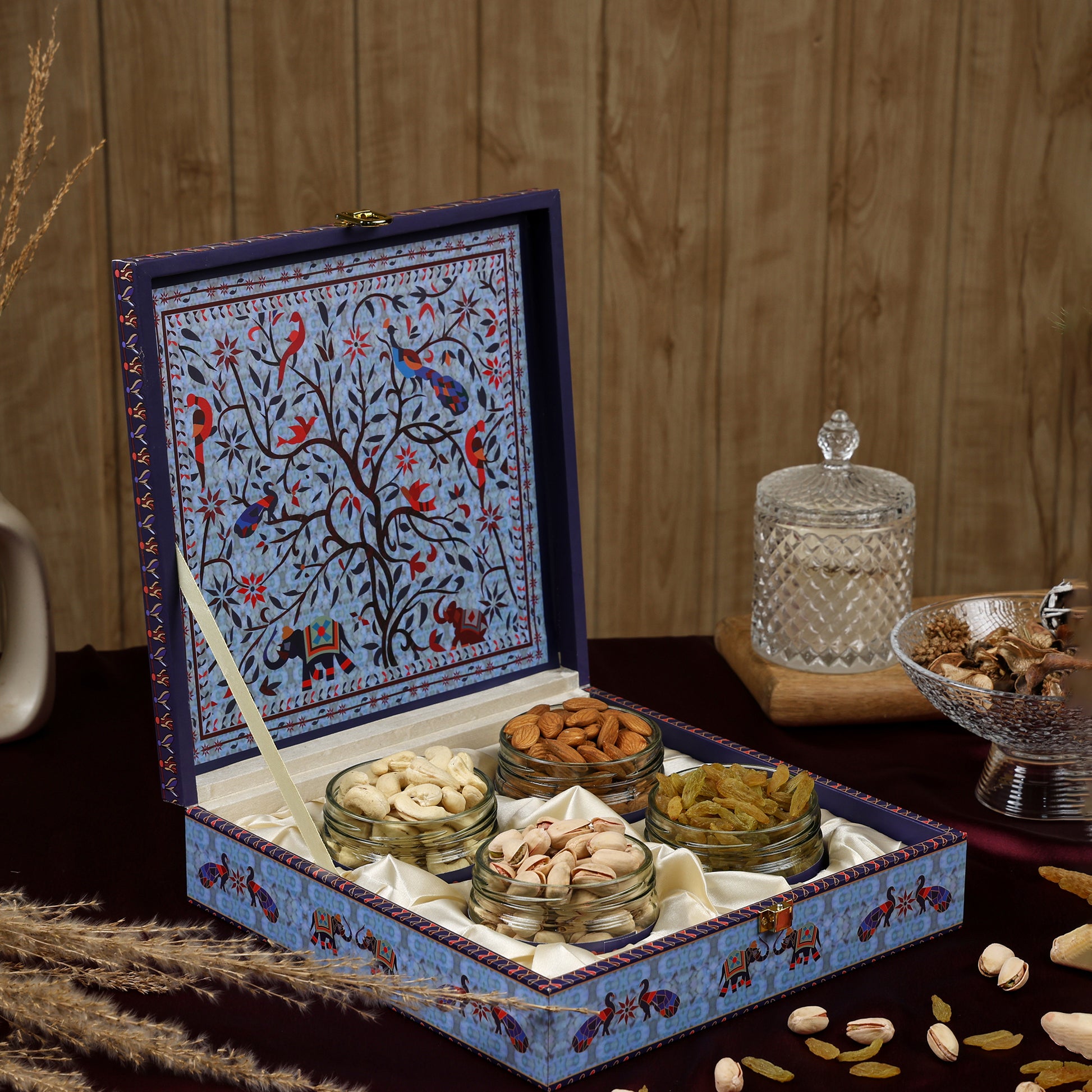 Riwaz Premium Blue Peacock Gift Box – Exquisite 4-Jar Collection with Almonds, Cashews, Pistachios & Raisins | Ideal for Weddings, Festivals & Corporate Gifting