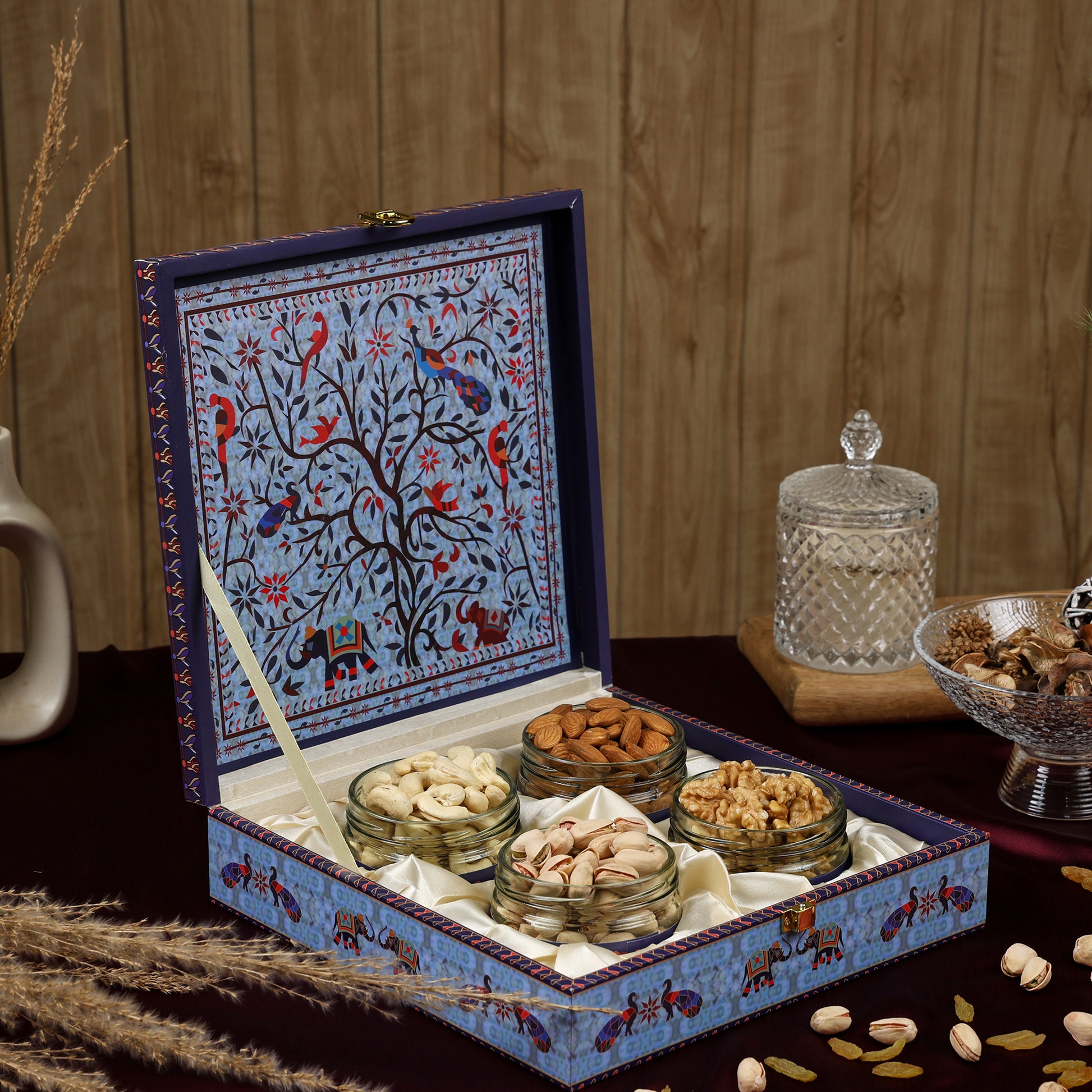 Riwaz Premium Blue Peacock Gift Box – Exquisite 4-Jar Collection with Almonds, Cashews, Pistachios & Raisins | Ideal for Weddings, Festivals & Corporate Gifting