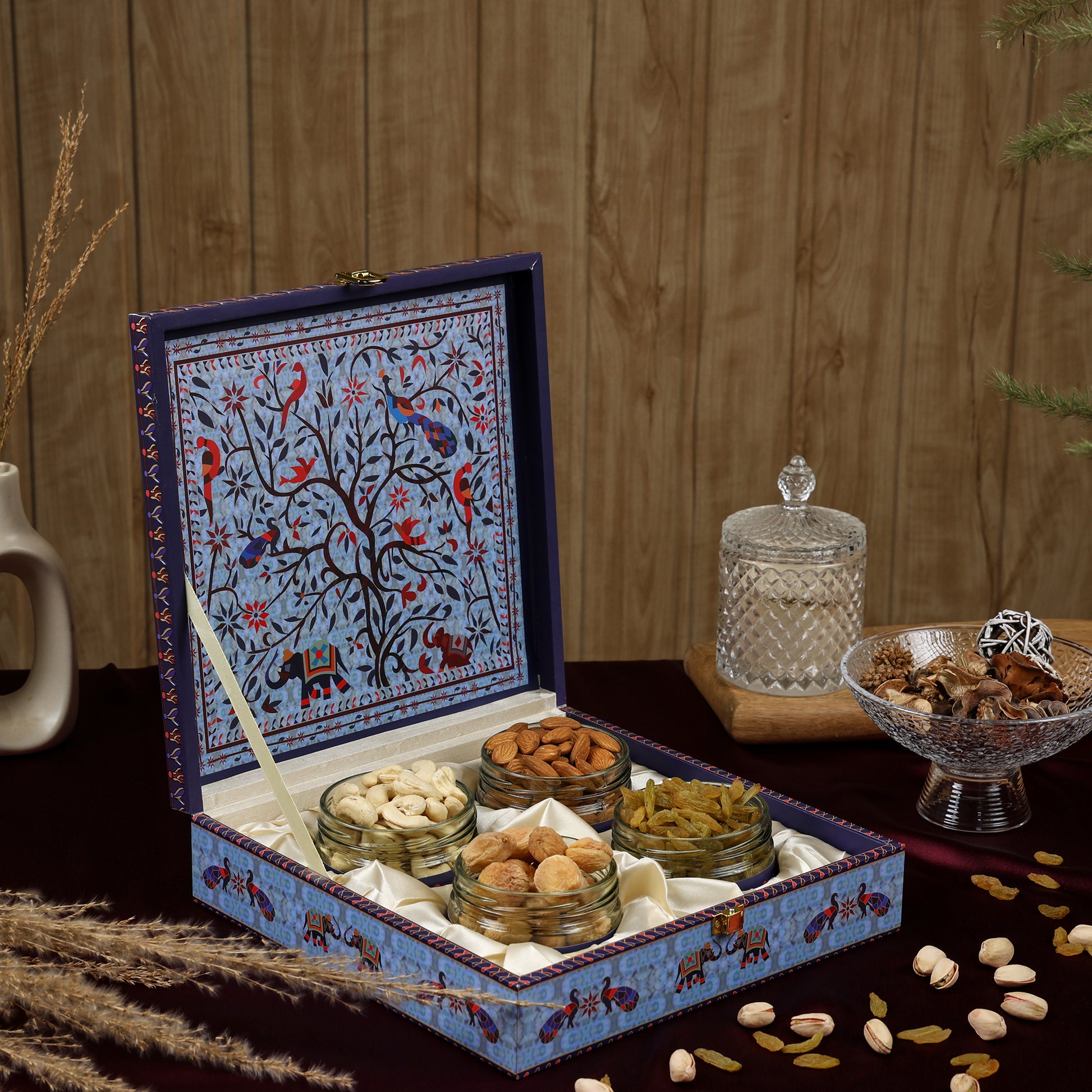 Riwaz Premium Blue Peacock Gift Box – Exquisite 4-Jar Collection with Almonds, Cashews, Pistachios & Raisins | Ideal for Weddings, Festivals & Corporate Gifting