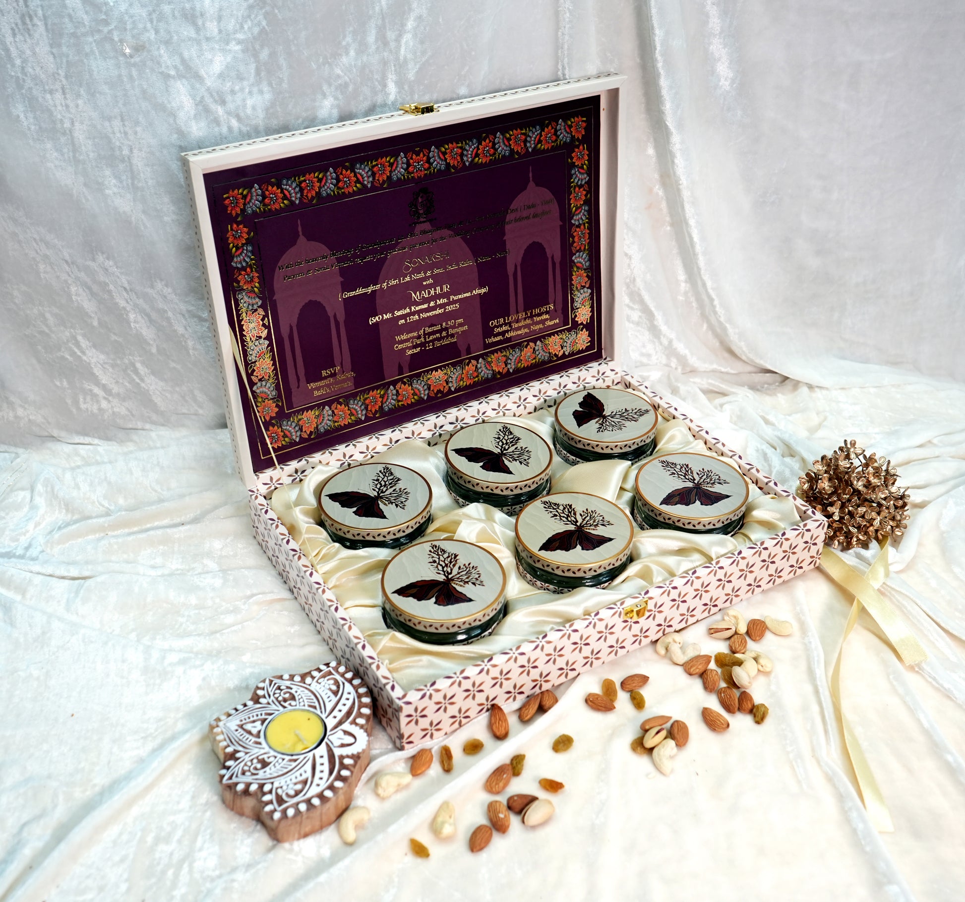 Riwaz Premium Butterfly Bloom Gift Box | Designer 6-Jar Assortment of Almonds, Cashews, Pistachios, Raisins, Walnuts & Apricots |