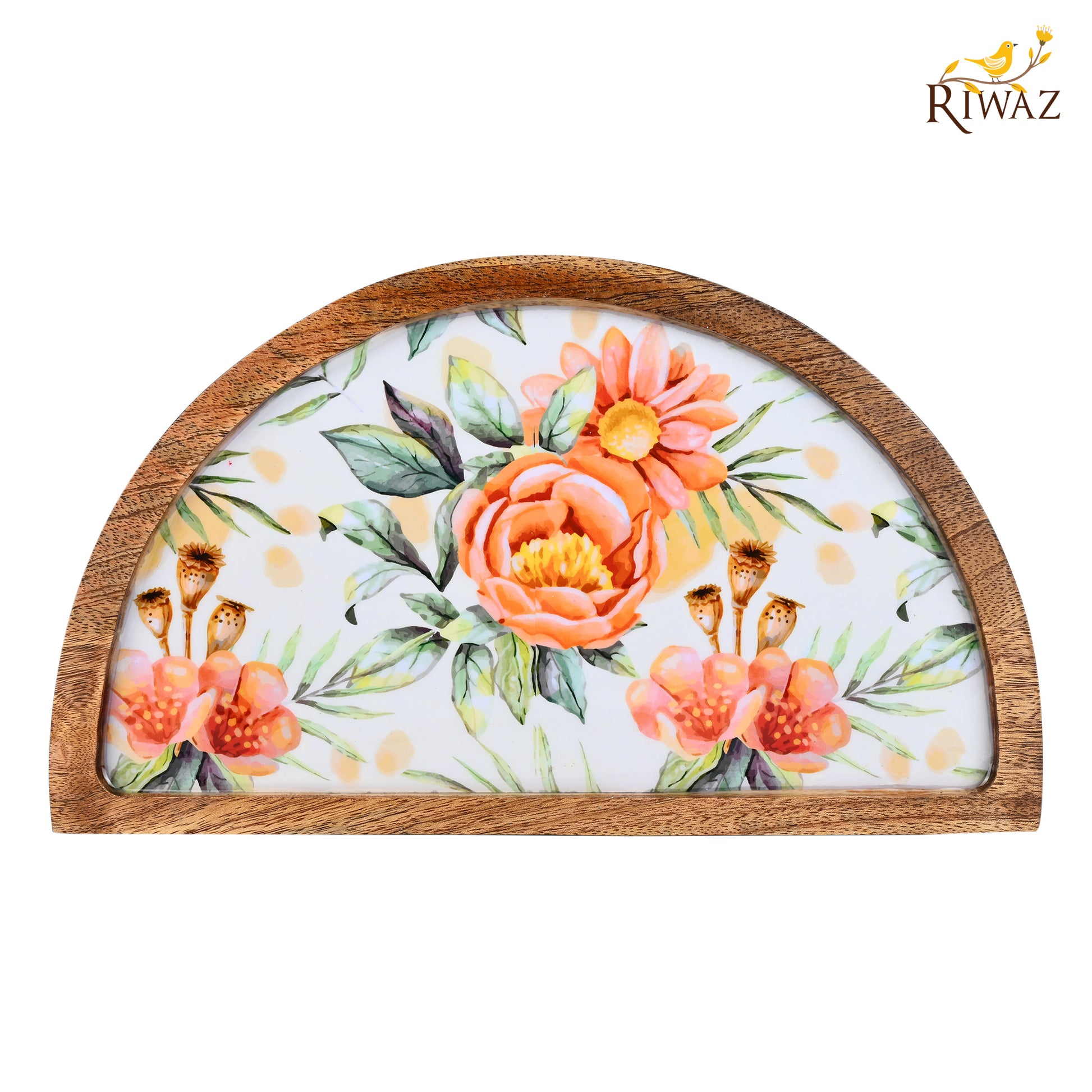Riwaz Jungle-Themed Half Moon Wooden Serving Platter | Handcrafted Mango Wood Tray with Tiger Print Resin Inlay | Elegant Serveware for Snacks, Cheese & Appetizers