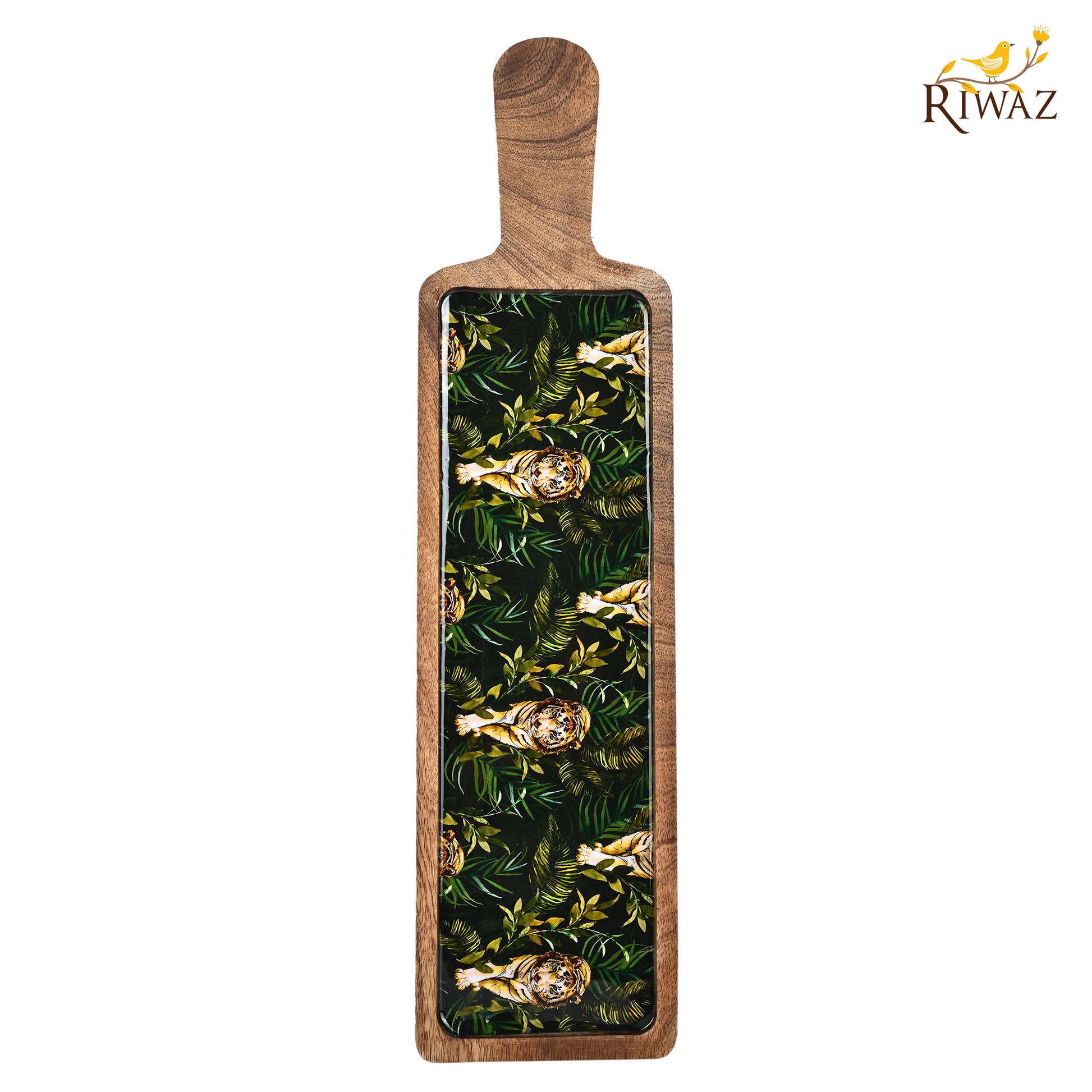 Riwaz Jungle-Themed Wooden Serving Platter with Handle | Handcrafted Mango Wood Tray with Striking Tiger Print Resin Inlay | Perfect for Serving Snacks, Cheese & Appetizers