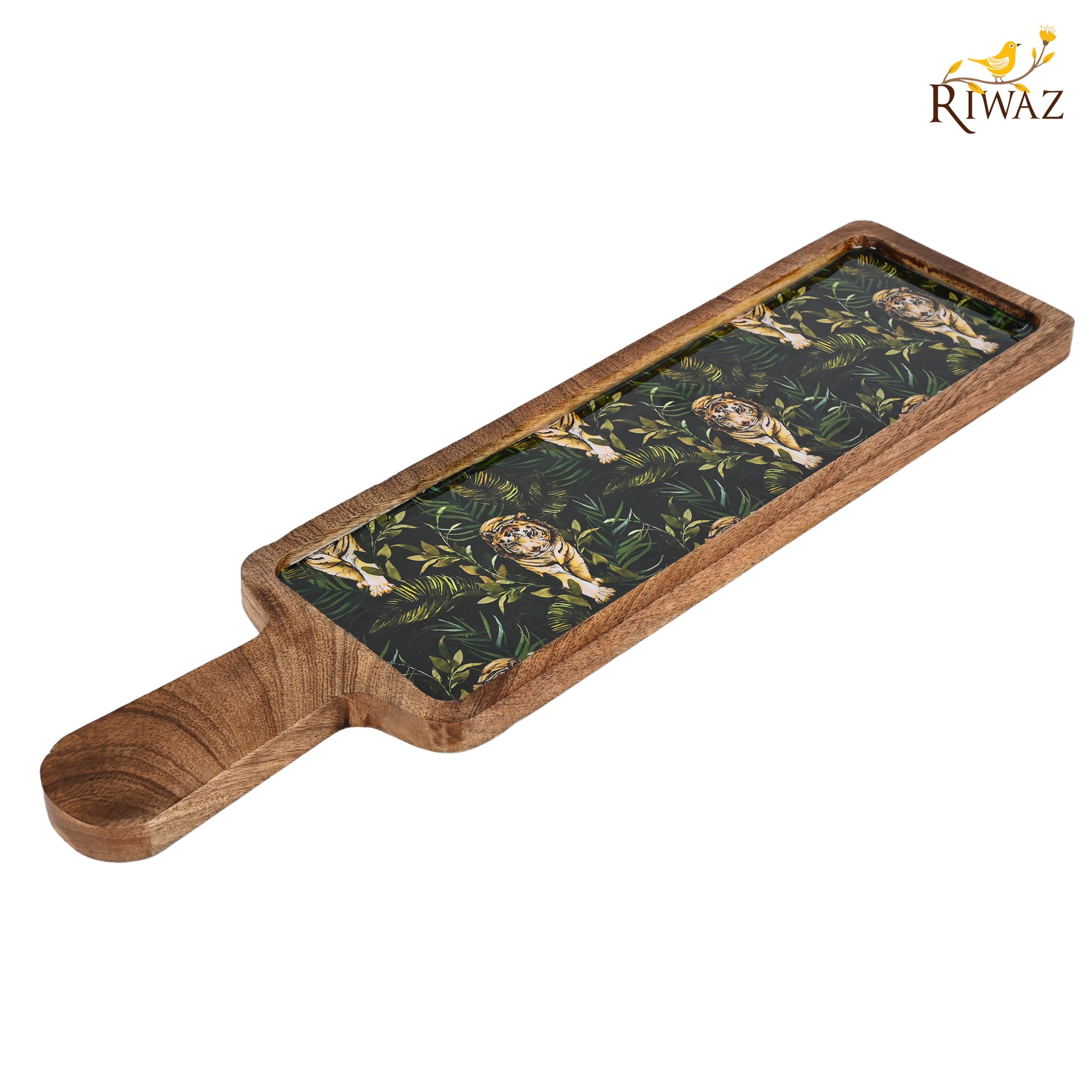 Riwaz Jungle-Themed Wooden Serving Platter with Handle | Handcrafted Mango Wood Tray with Striking Tiger Print Resin Inlay | Perfect for Serving Snacks, Cheese & Appetizers