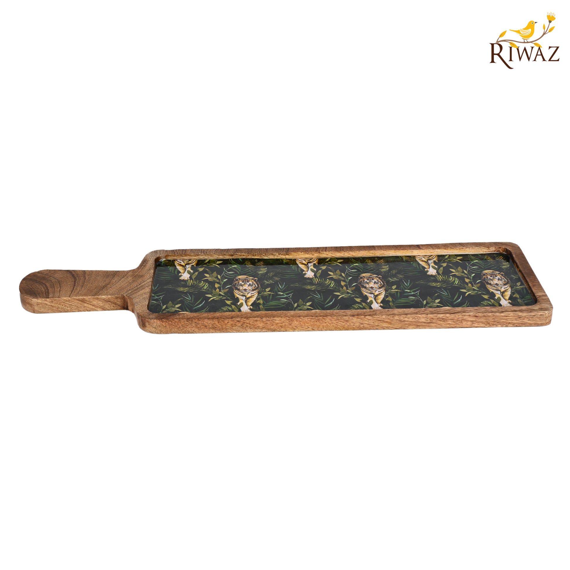 Riwaz Jungle-Themed Wooden Serving Platter with Handle | Handcrafted Mango Wood Tray with Striking Tiger Print Resin Inlay | Perfect for Serving Snacks, Cheese & Appetizers