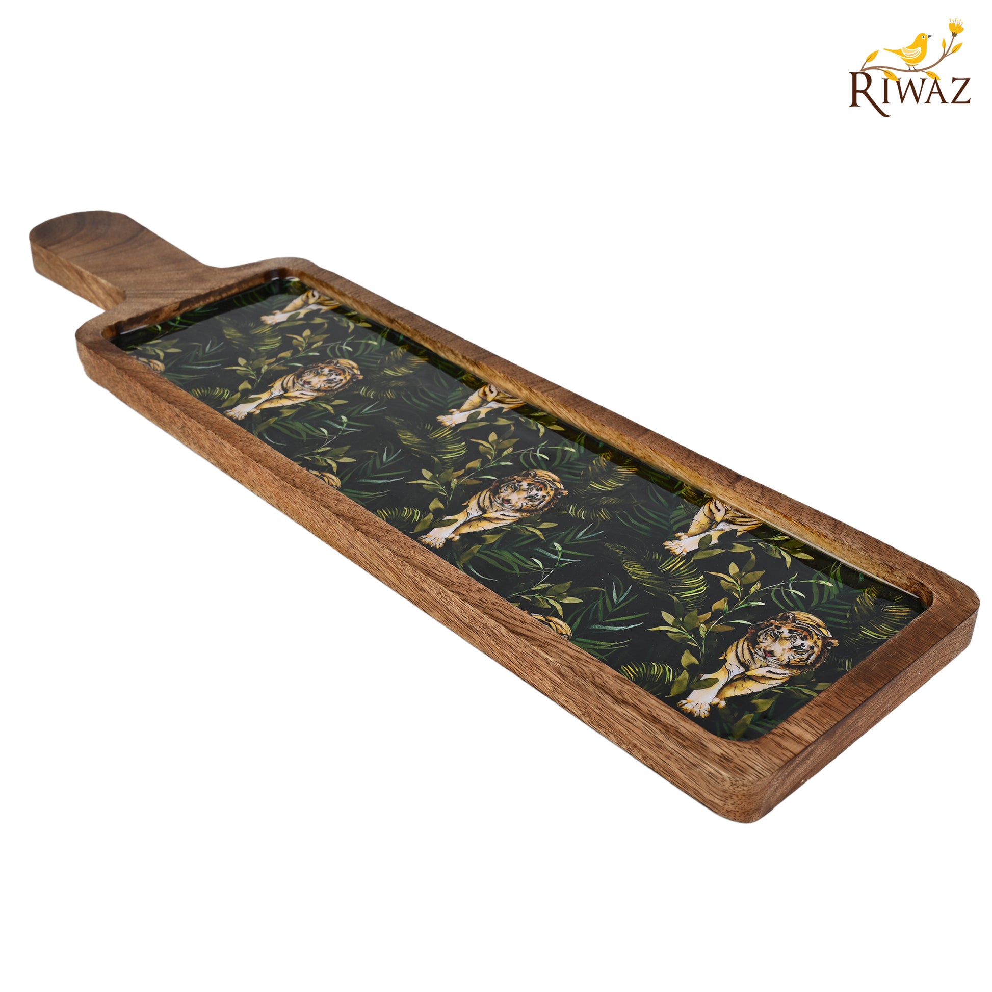Riwaz Jungle-Themed Wooden Serving Platter with Handle | Handcrafted Mango Wood Tray with Striking Tiger Print Resin Inlay | Perfect for Serving Snacks, Cheese & Appetizers