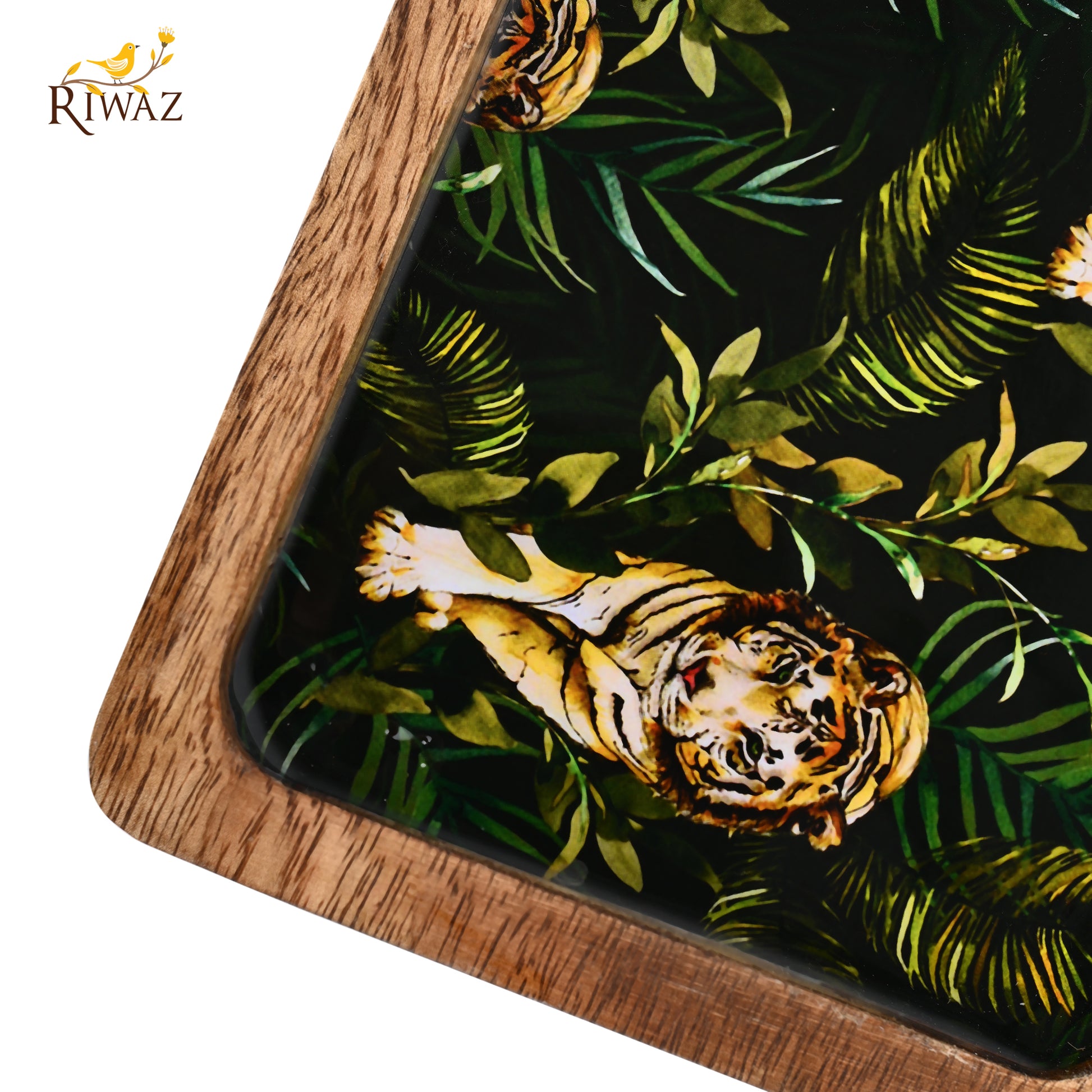 Riwaz Jungle-Themed Wooden Serving Platter with Handle | Handcrafted Mango Wood Tray with Striking Tiger Print Resin Inlay | Perfect for Serving Snacks, Cheese & Appetizers