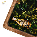 Riwaz Jungle-Themed Wooden Serving Platter with Handle | Handcrafted Mango Wood Tray with Striking Tiger Print Resin Inlay | Perfect for Serving