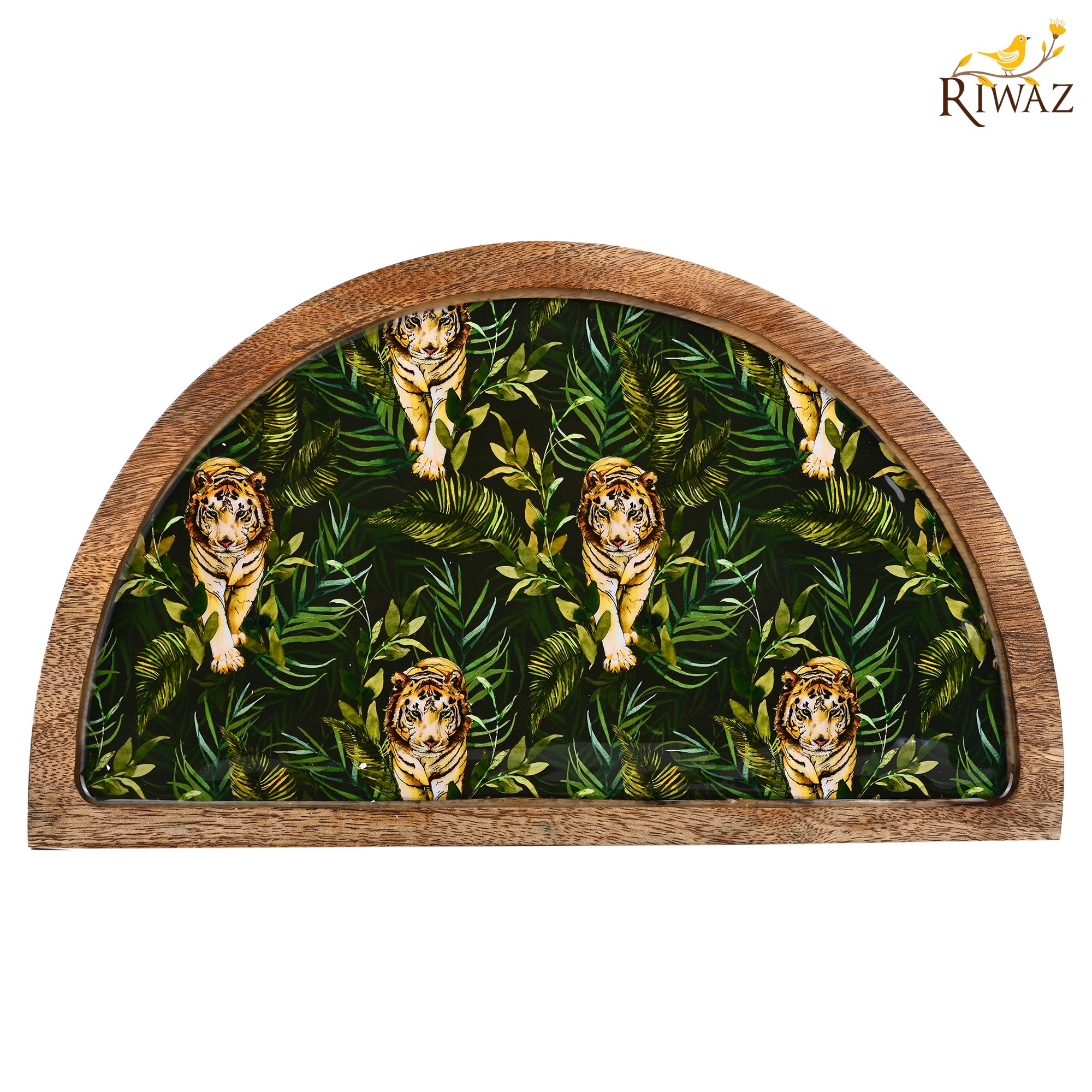 Riwaz Jungle-Themed Half Moon Wooden Serving Platter | Handcrafted Mango Wood Tray with Tiger Print Resin Inlay | Elegant Serveware for Snacks