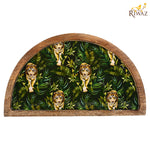 Riwaz Jungle-Themed Half Moon Wooden Serving Platter | Handcrafted Mango Wood Tray with Tiger Print Resin Inlay | Elegant Serveware for Snacks