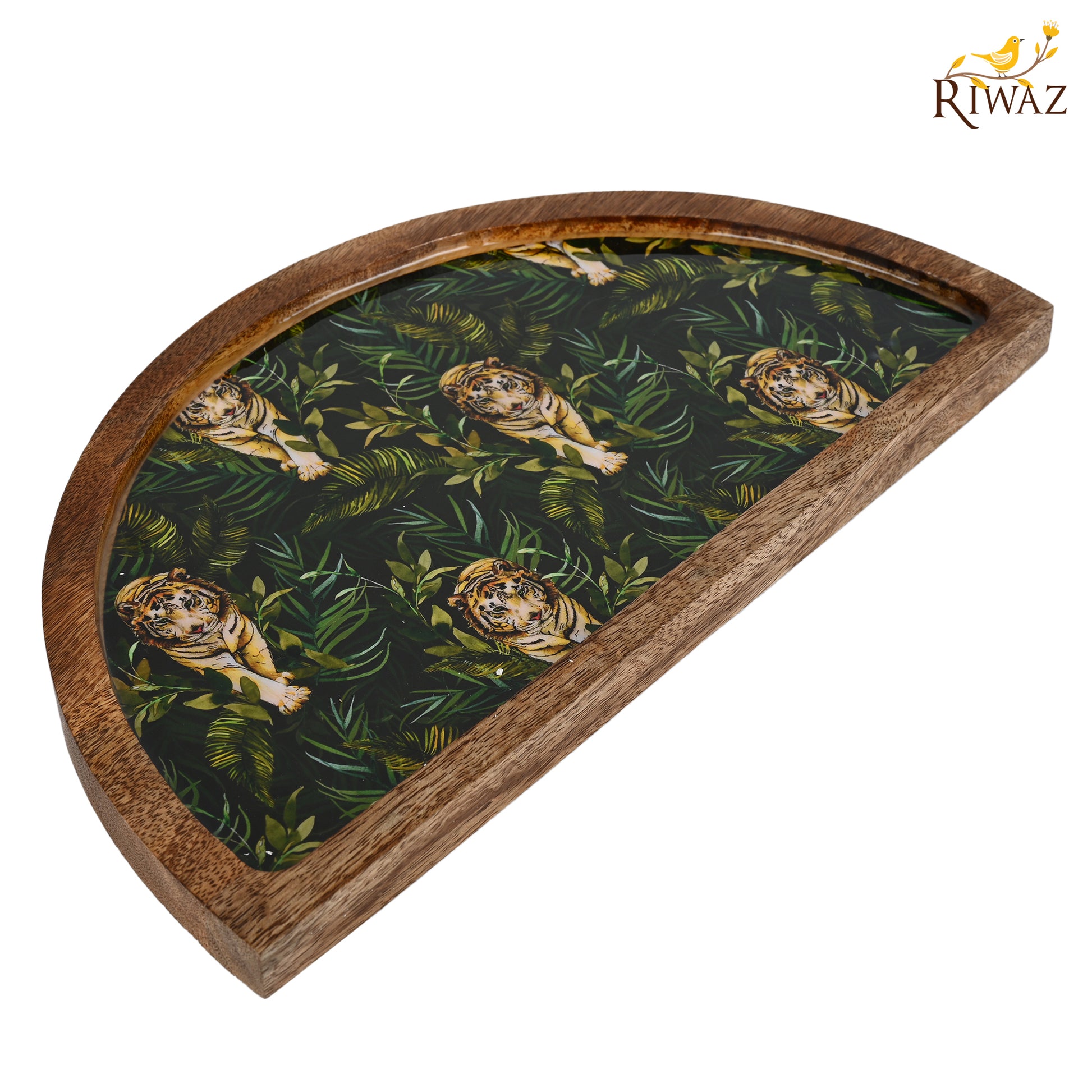 Riwaz Jungle-Themed Half Moon Wooden Serving Platter | Handcrafted Mango Wood Tray with Tiger Print Resin Inlay | Elegant Serveware for Snacks, Cheese & Appetizers