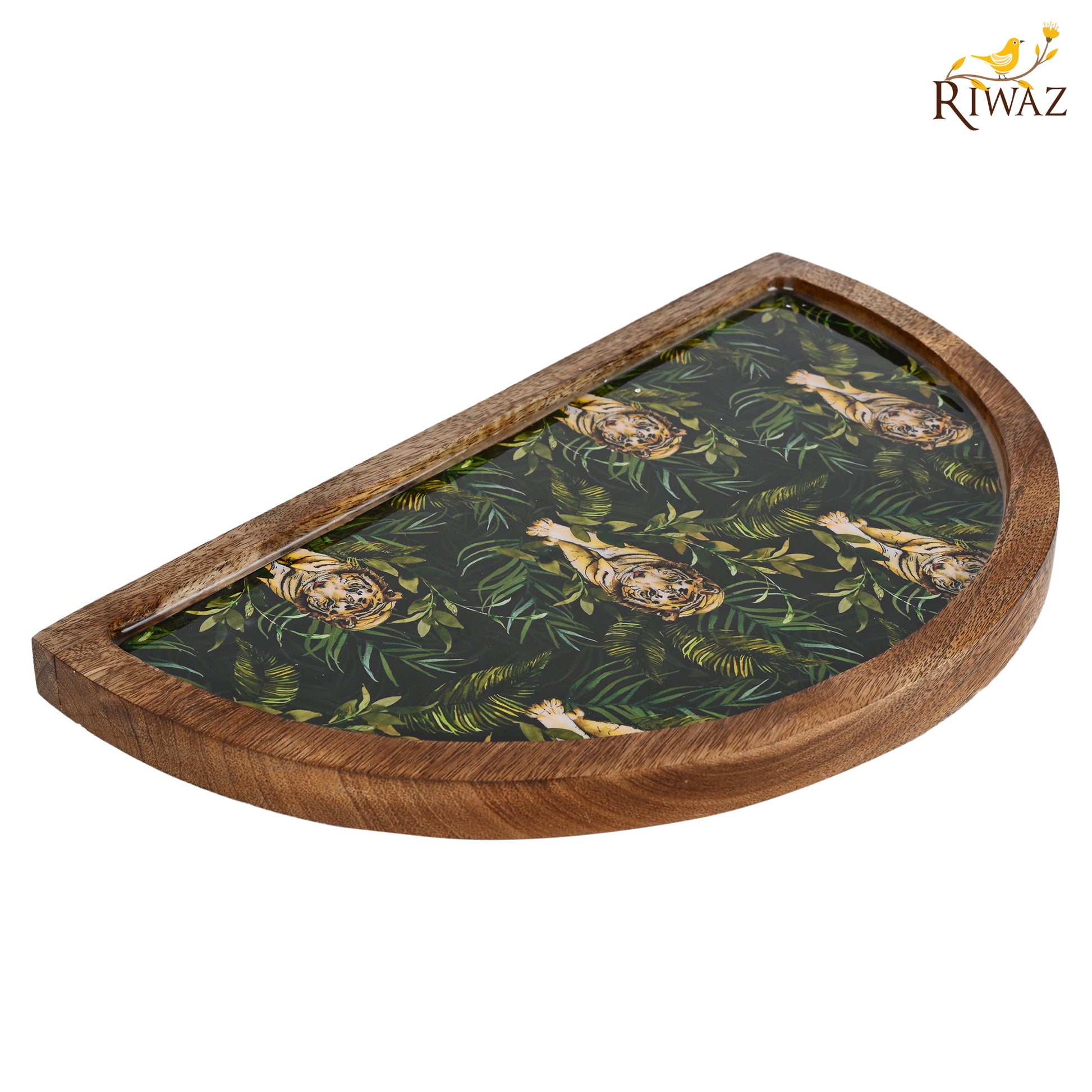 Riwaz Jungle-Themed Half Moon Wooden Serving Platter | Handcrafted Mango Wood Tray with Tiger Print Resin Inlay | Elegant Serveware for Snacks, Cheese & Appetizers
