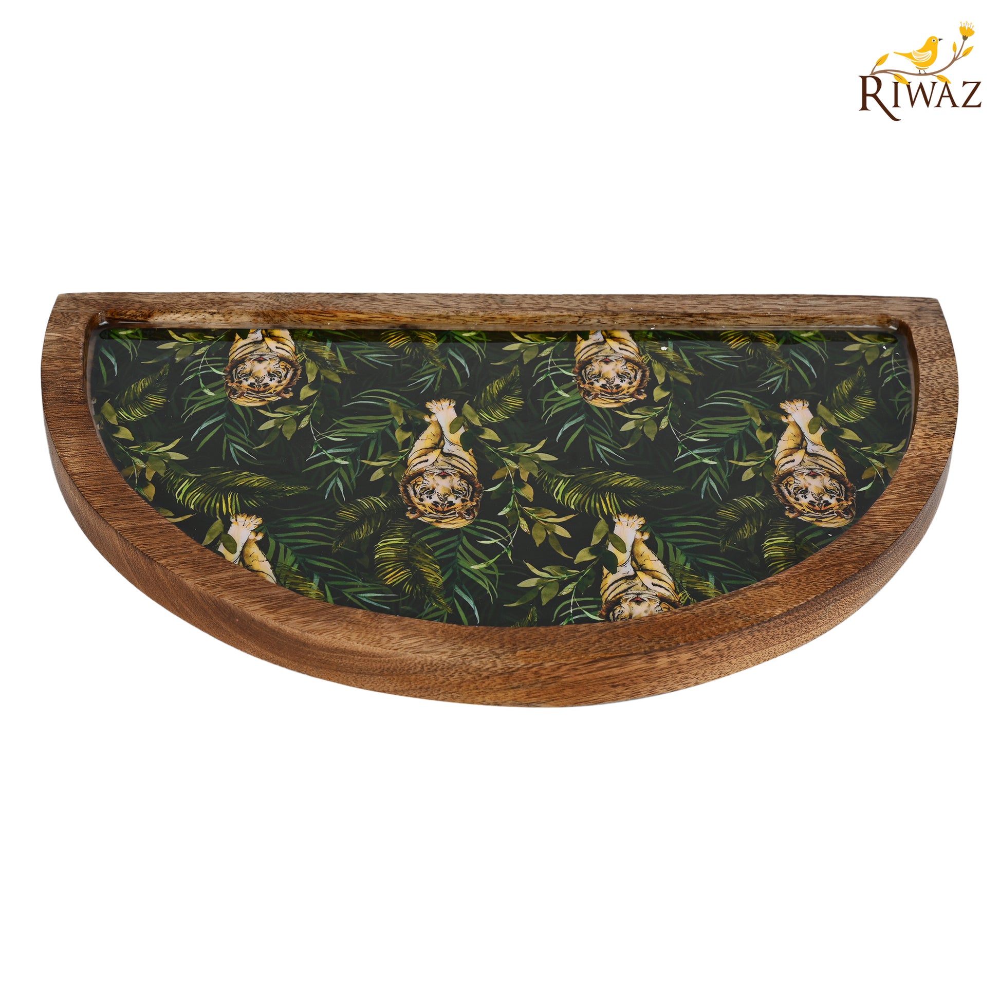Riwaz Jungle-Themed Half Moon Wooden Serving Platter | Handcrafted Mango Wood Tray with Tiger Print Resin Inlay | Elegant Serveware for Snacks, Cheese & Appetizers