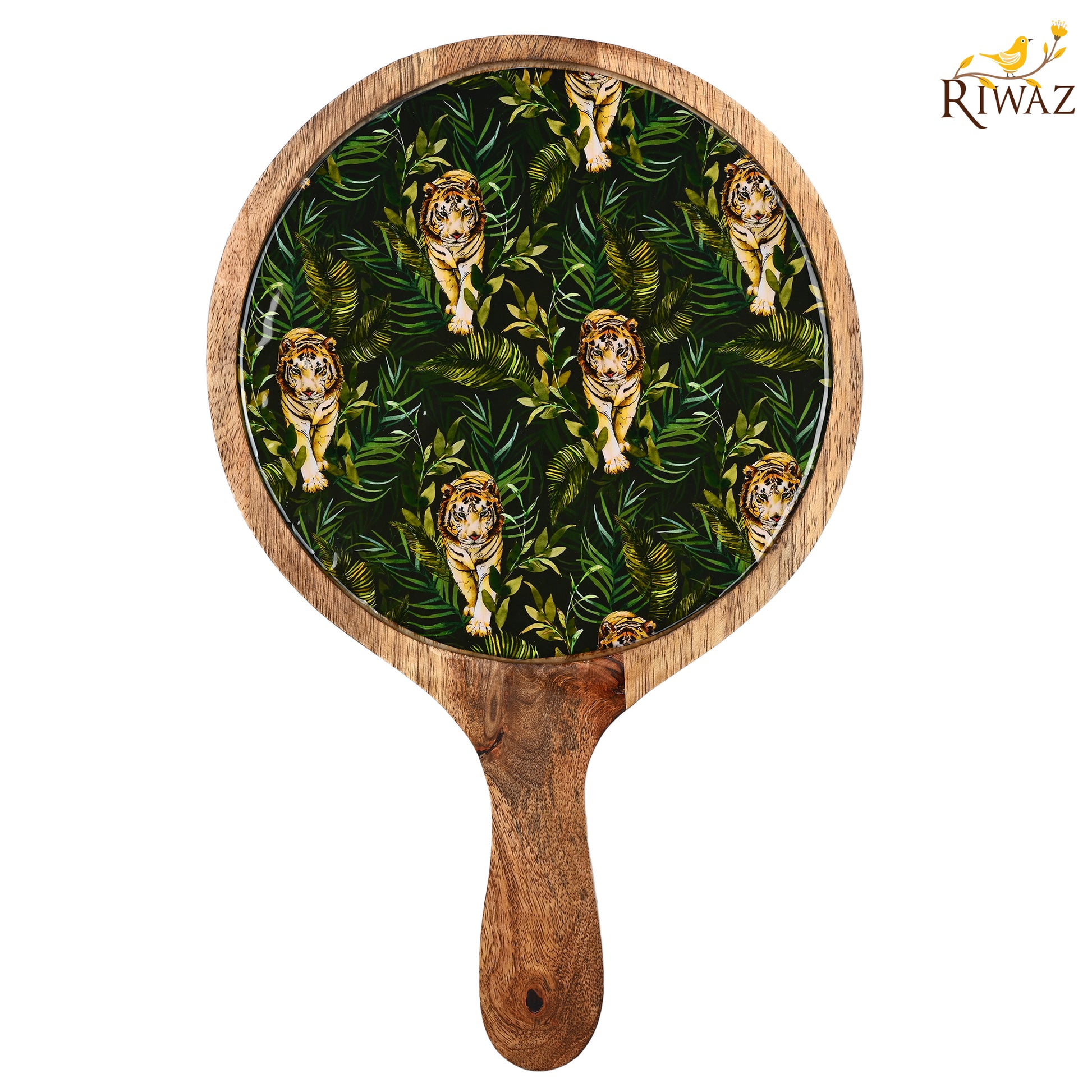 Riwaz Jungle-Themed Round Wooden Serving Platter | Handcrafted Mango Wood Tray with Bold Tiger Print Resin Inlay | Stylish Serveware for Snacks, Cheese & Appetizers