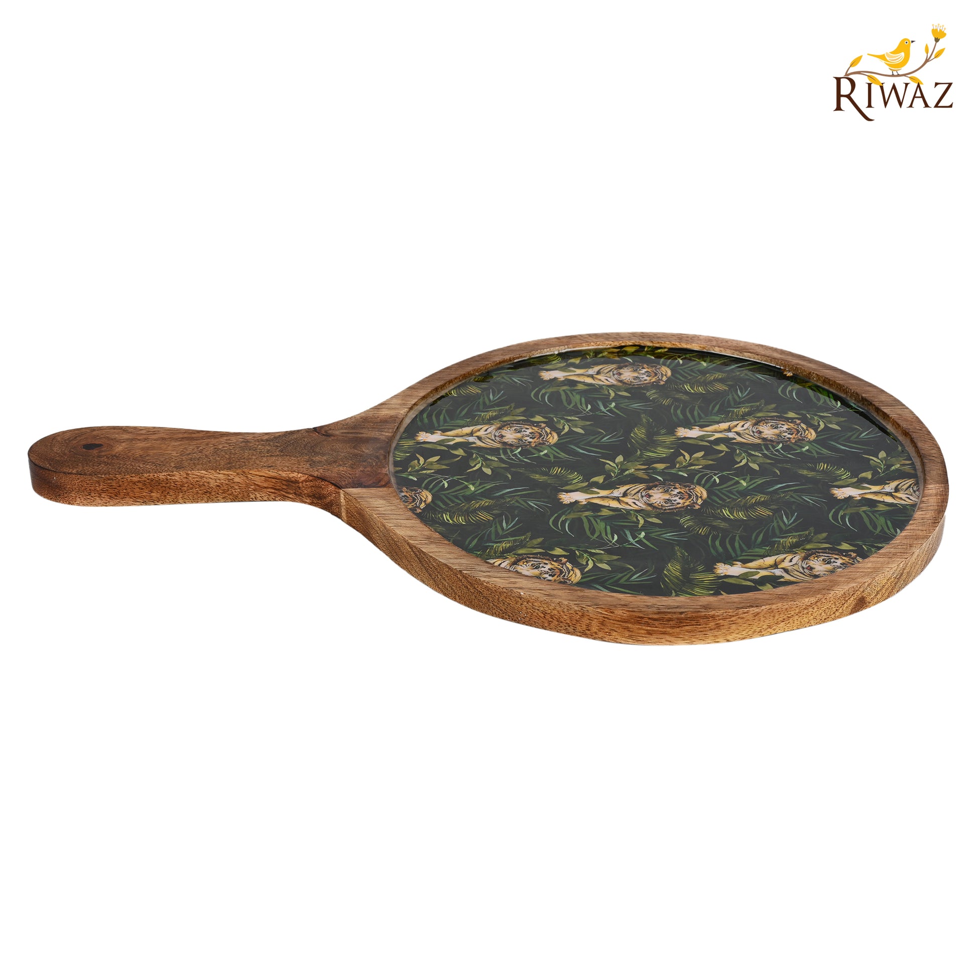 Riwaz Jungle-Themed Round Wooden Serving Platter | Handcrafted Mango Wood Tray with Bold Tiger Print Resin Inlay | Stylish Serveware for Snacks, Cheese & Appetizers