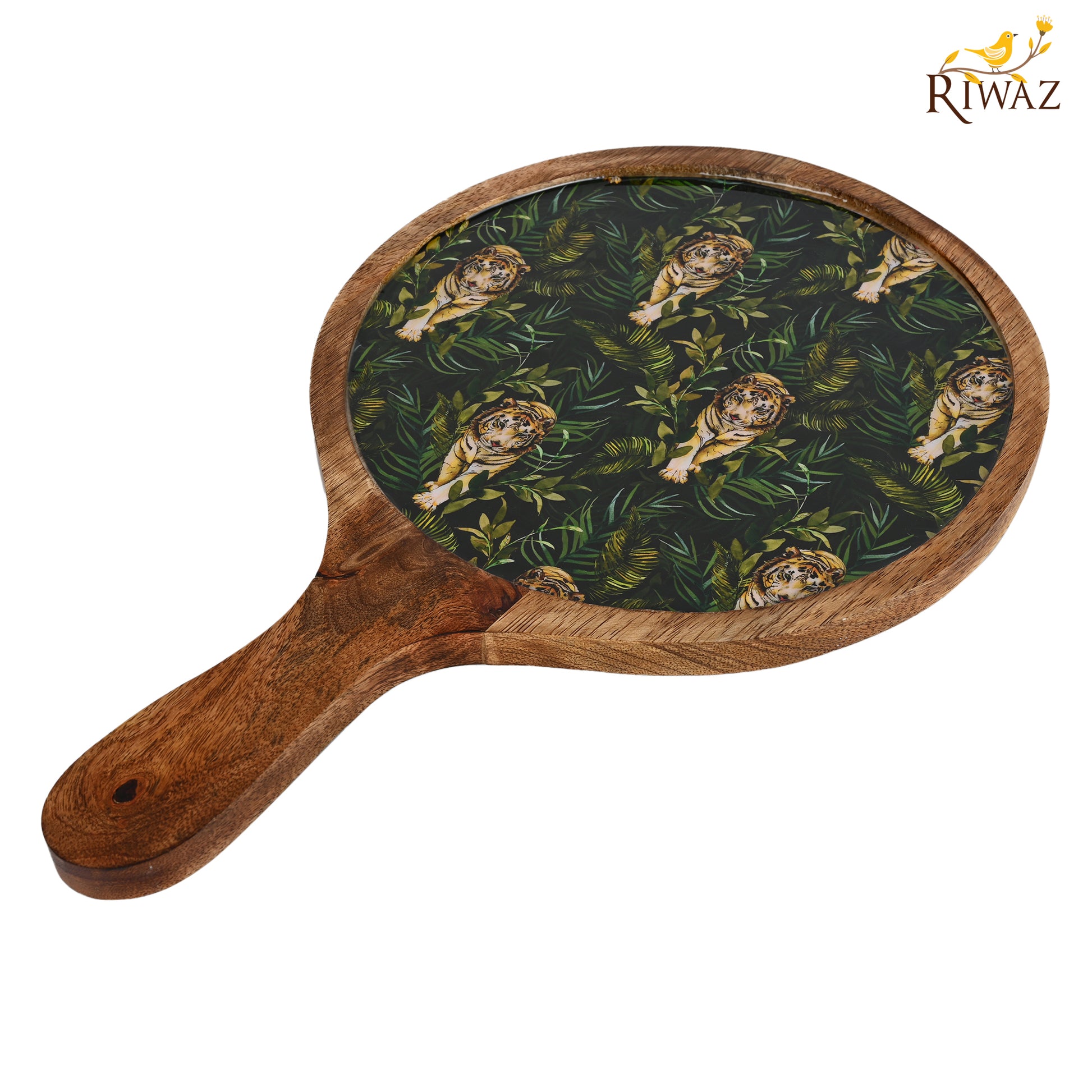 Riwaz Jungle-Themed Round Wooden Serving Platter | Handcrafted Mango Wood Tray with Bold Tiger Print Resin Inlay | Stylish Serveware for Snacks, Cheese & Appetizers