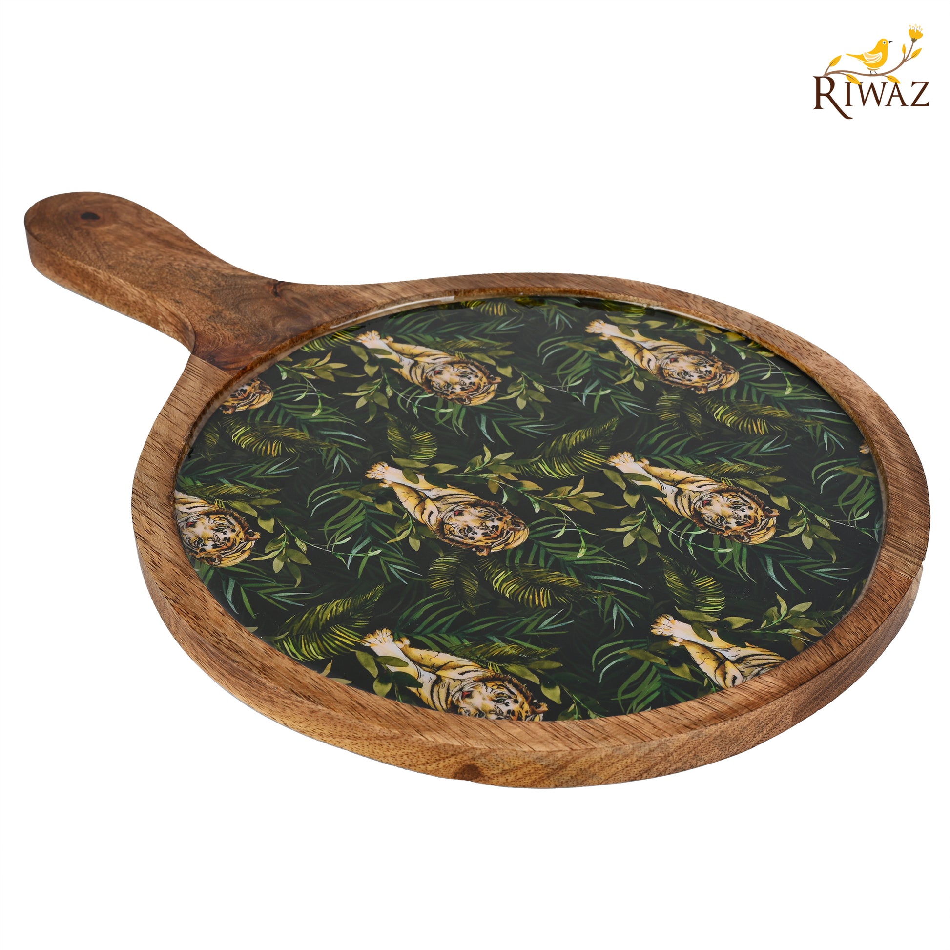 Riwaz Jungle-Themed Round Wooden Serving Platter | Handcrafted Mango Wood Tray with Bold Tiger Print Resin Inlay | Stylish Serveware for Snacks, Cheese & Appetizers