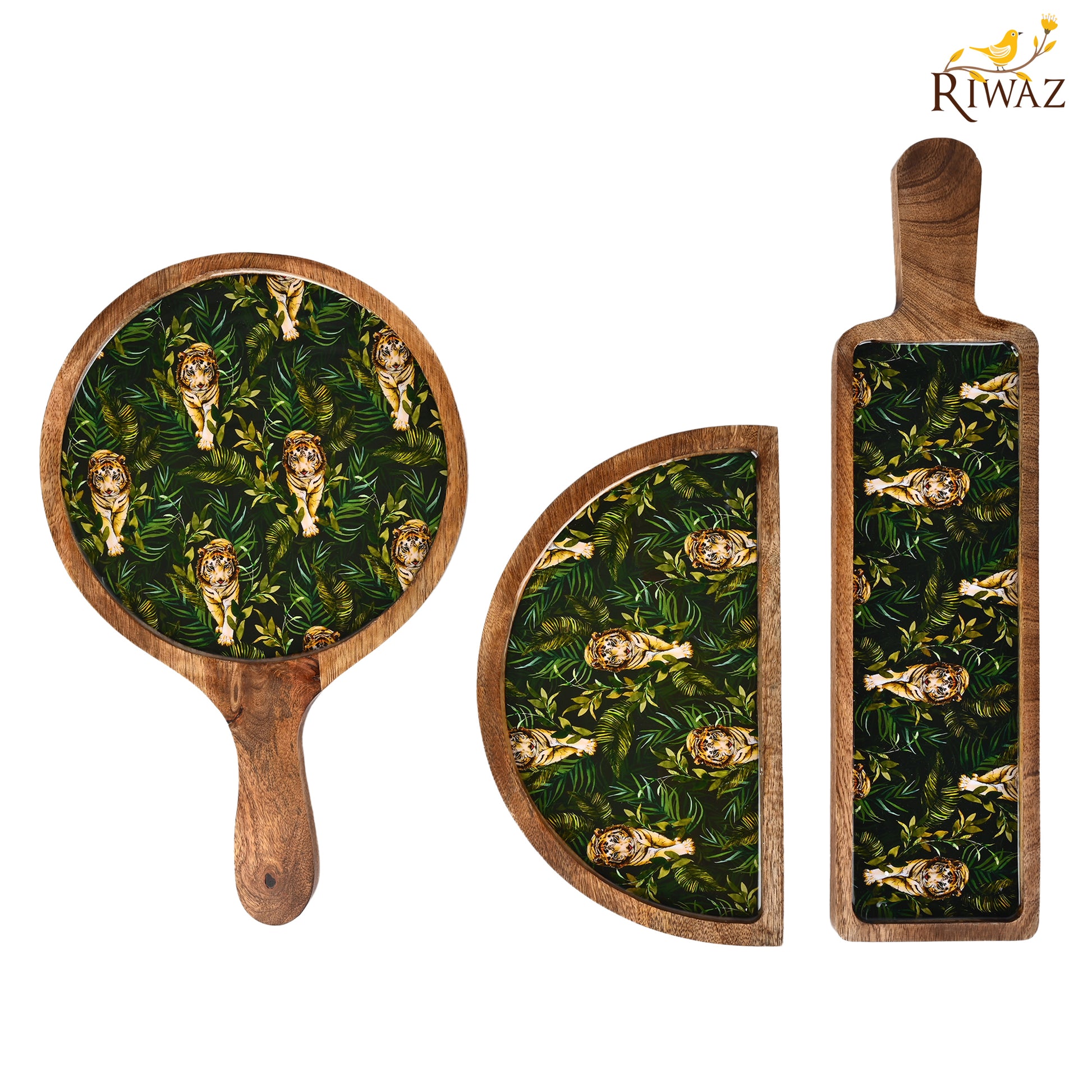 Riwaz Jungle-Themed Wooden Serving Platter with Handle | Handcrafted Mango Wood Tray with Striking Tiger Print Resin Inlay | Perfect for Serving Snacks, Cheese & Appetizers