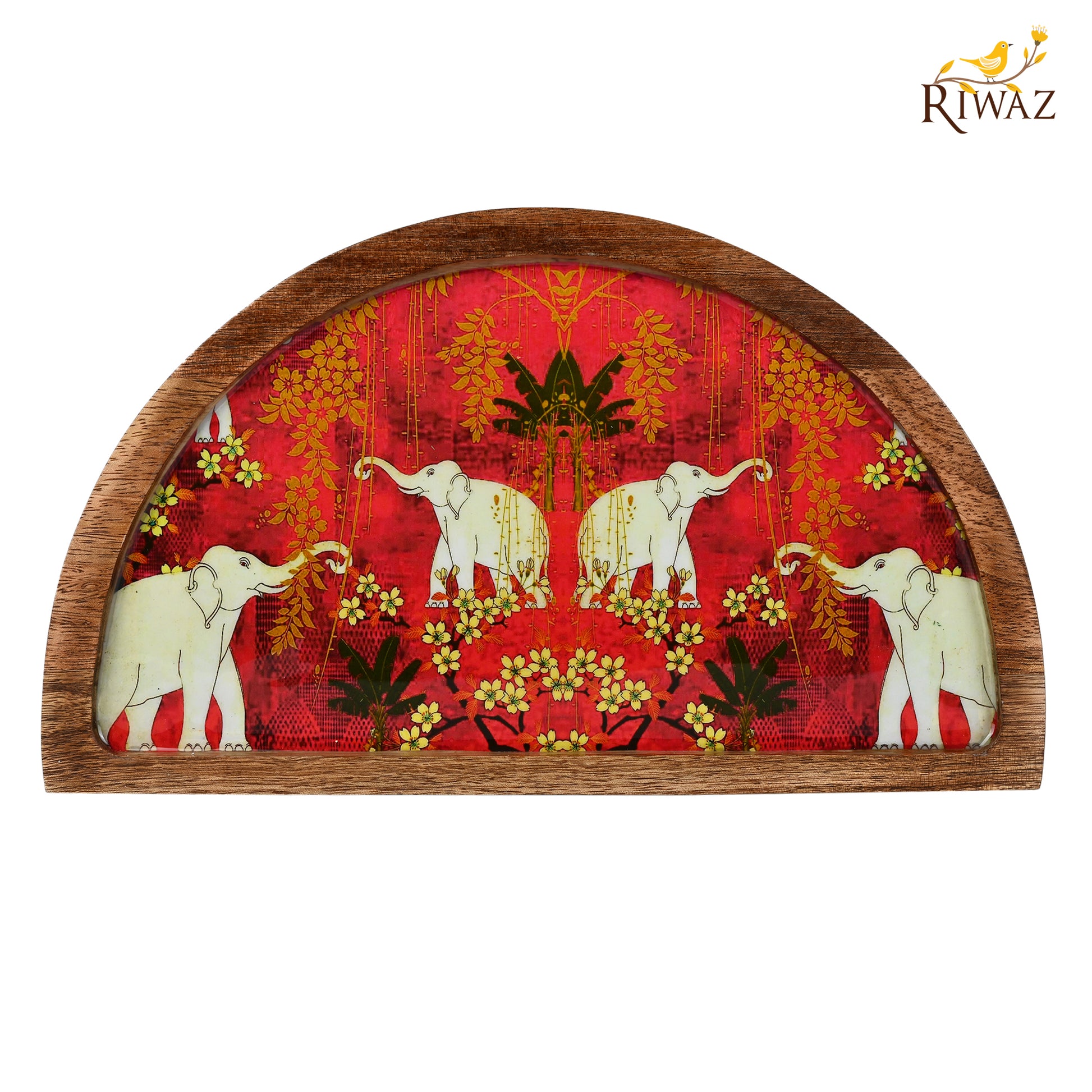 Riwaz Jungle-Themed Half Moon Wooden Serving Platter | Handcrafted Mango Wood Tray with Tiger Print Resin Inlay | Elegant Serveware for Snacks, Cheese & Appetizers