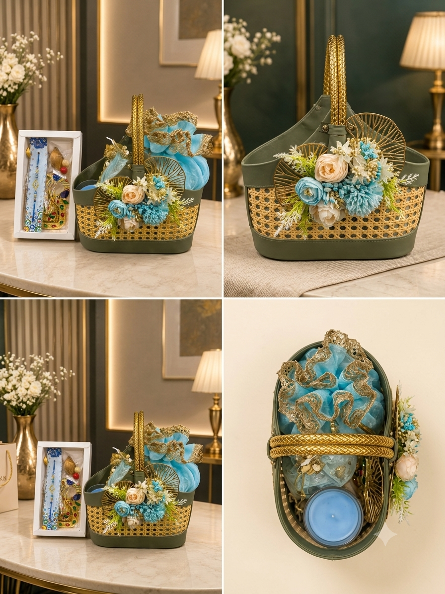 Luxury Green Faux Leather & Cane Basket Rakhi Gift Hamper