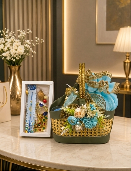 Luxury Green Faux Leather & Cane Basket Rakhi Gift Hamper