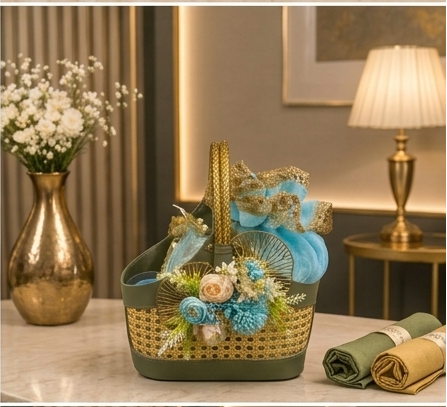 Luxury Green Faux Leather & Cane Basket Rakhi Gift Hamper