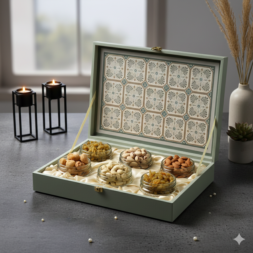 Riwaz Premium Square Design Dry Fruit Gift Box  | Premium 6-Jar Set | Almonds, Cashews, Pistachios , Walnuts , Figs & Raisins | Luxury Elegant & Reusable Gift Hamper | High Protein & Immunity Booster Assortment |