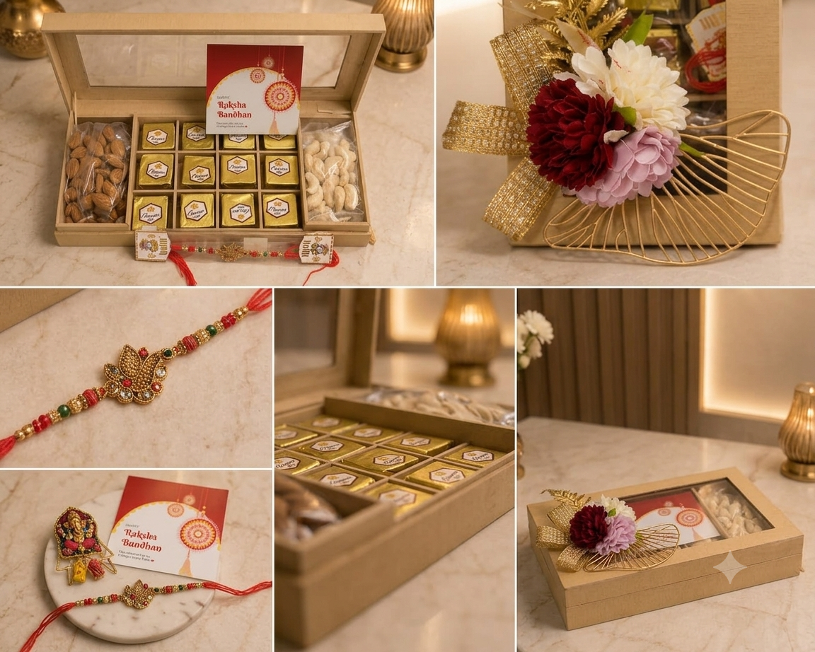 Luxury Pinewood Rakhi Gift Hamper | Dry Fruit & Chocolates Box
