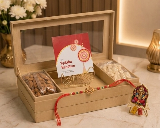 Luxury Pinewood Rakhi Gift Hamper | Dry Fruit & Chocolates Box
