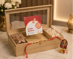 Luxury Pinewood Rakhi Gift Hamper | Dry Fruit & Chocolates Box