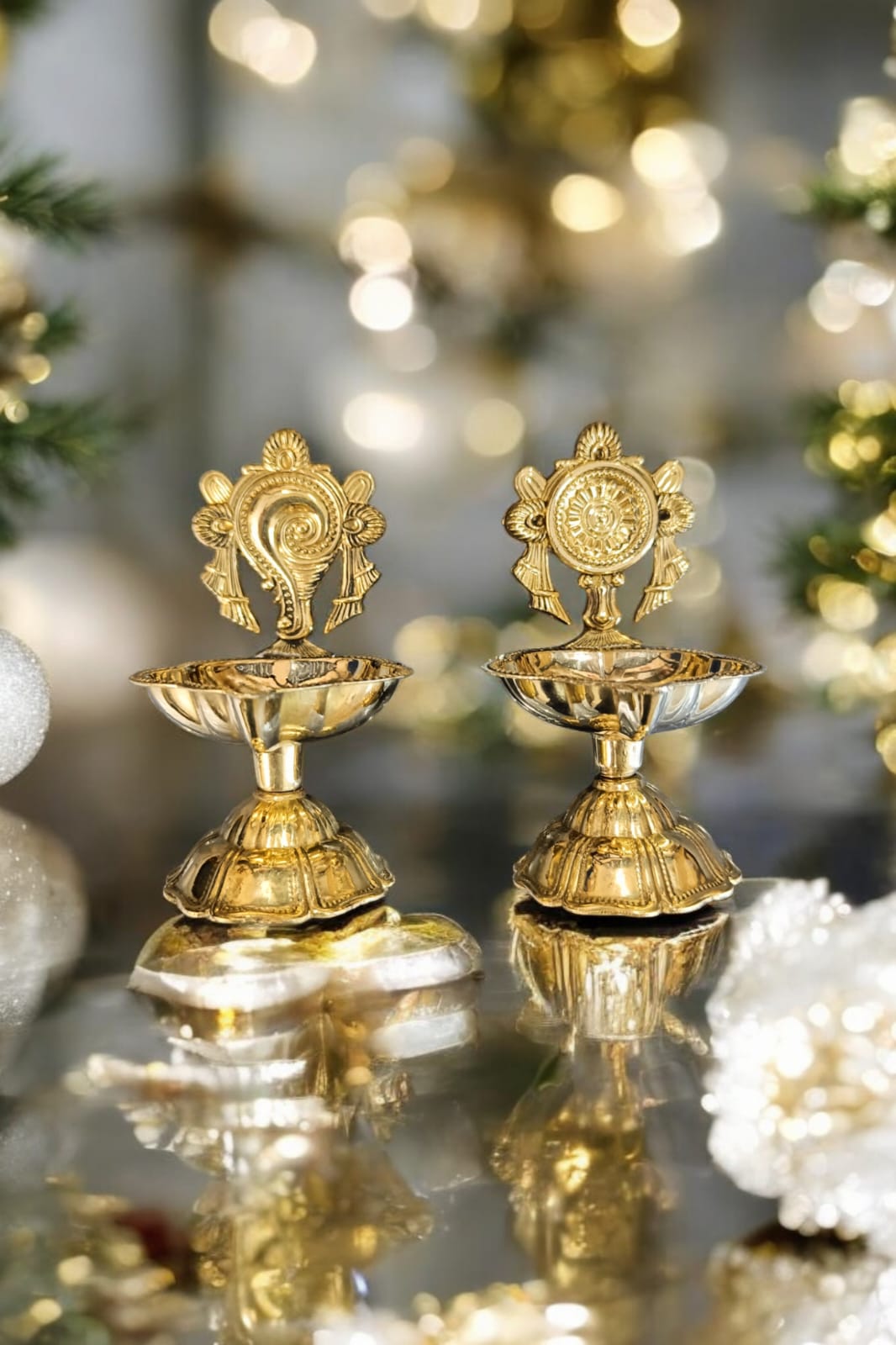 RIWAZ Traditional Brass Diya with Shankh Chakra Set | Antique Oil Lamp for Puja, Diwali & Temple Decor | Elegant Handcrafted Brass Spiritual Diya for Home & Gifting