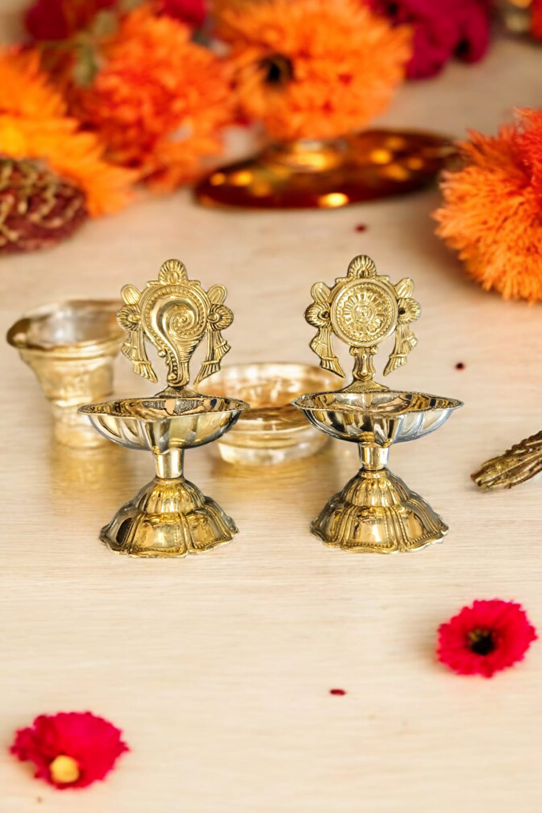 RIWAZ Traditional Brass Diya with Shankh Chakra Set | Antique Oil Lamp for Puja, Diwali & Temple Decor | Elegant Handcrafted Brass Spiritual Diya for Home & Gifting