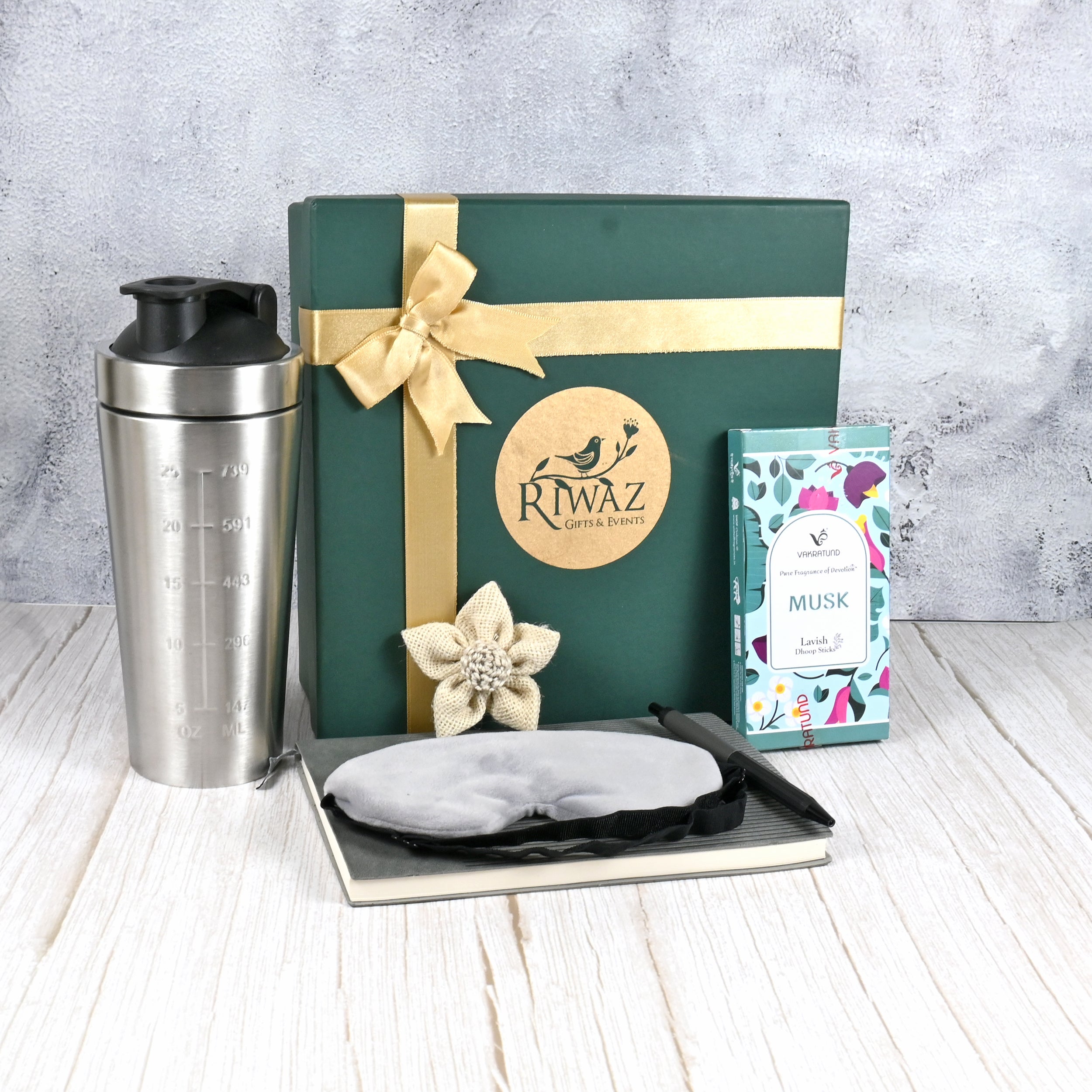 Riwaz Celebration Premium Wellness Gift Hamper | Luxury Gifting Box with Steel Shaker, Musk Dhoop Sticks, Eye Mask & Diary Pen